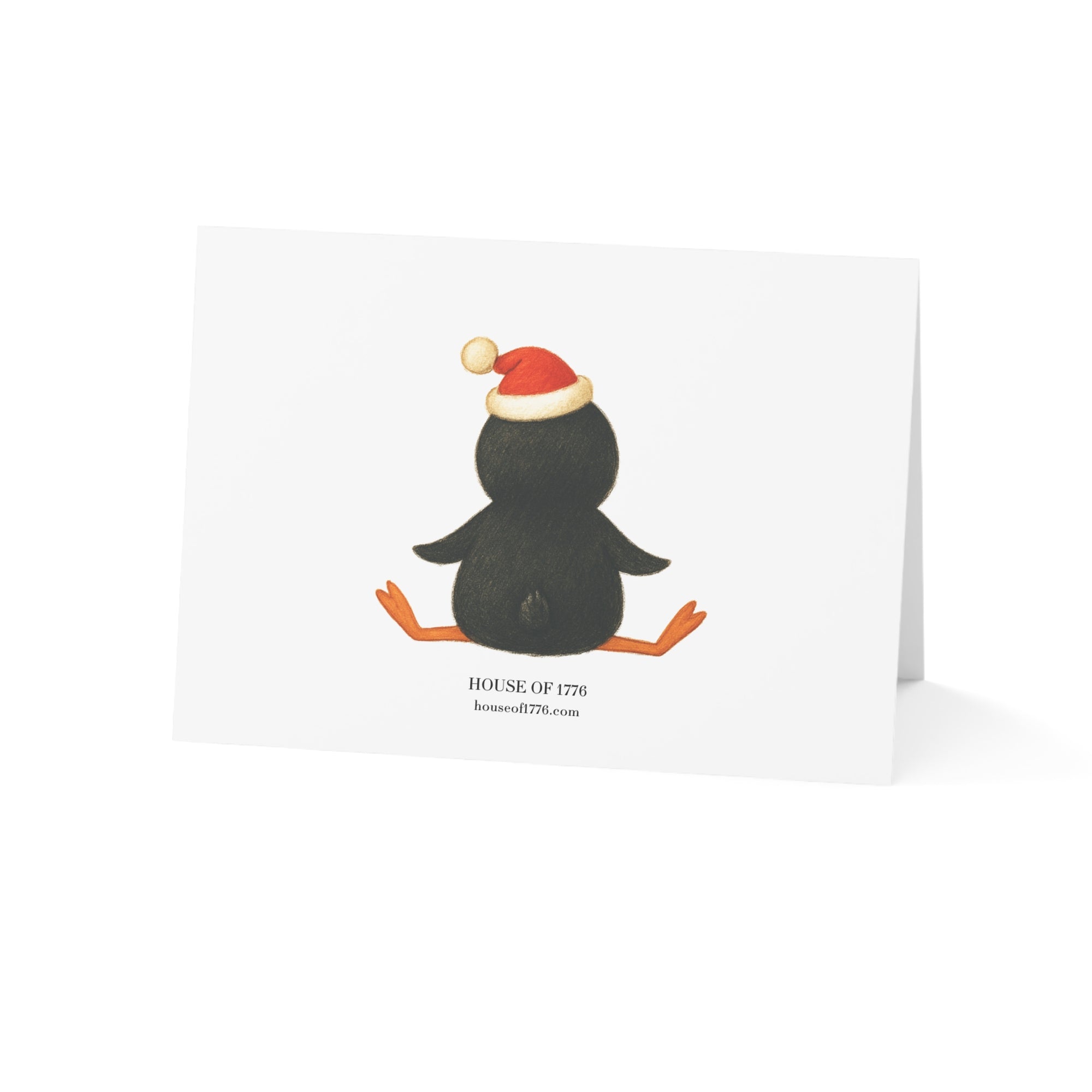 Reverse side of Card with a penguin wearing a Santa hat on a white background