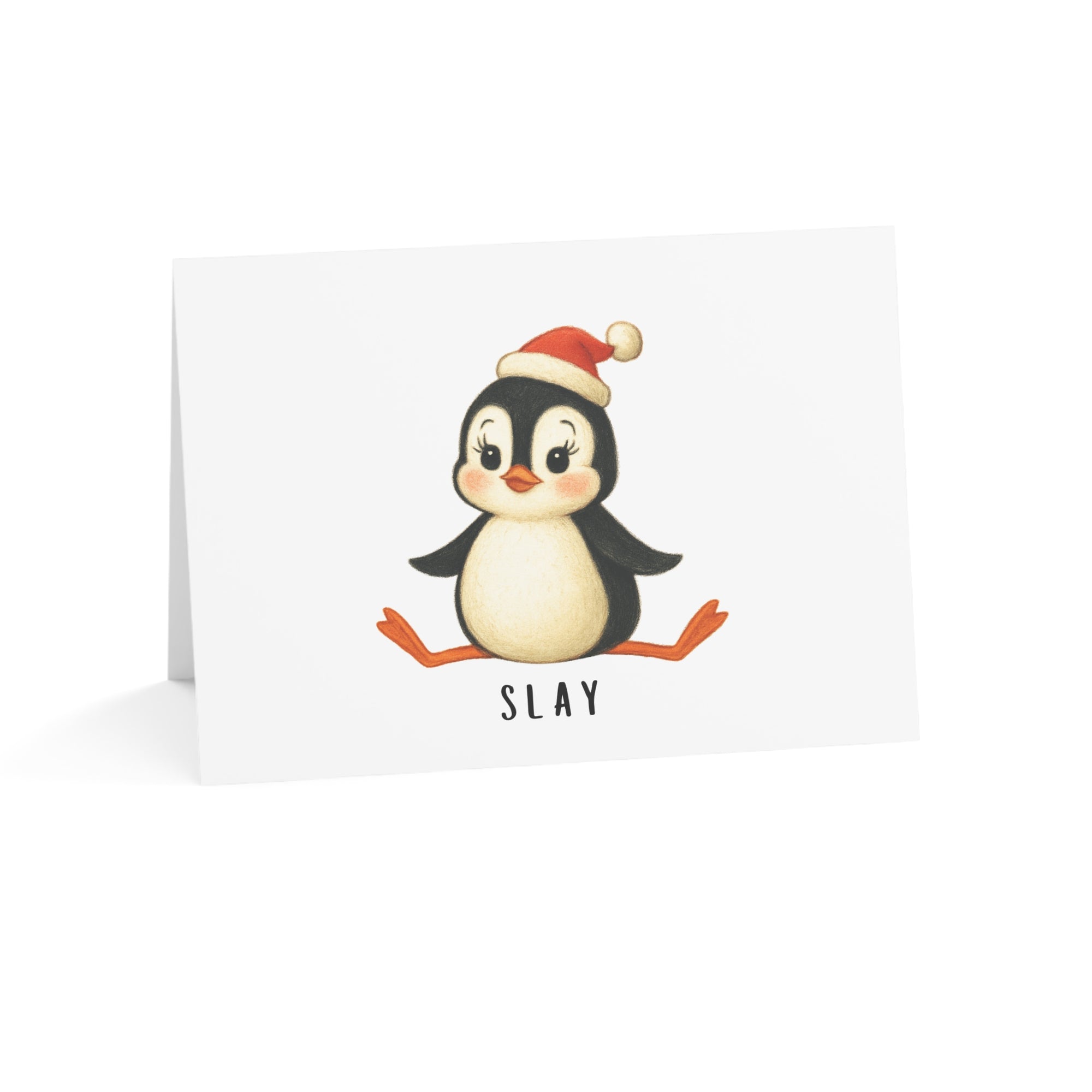Card with a penguin wearing a Santa hat and the word 'SLAY' on a white background