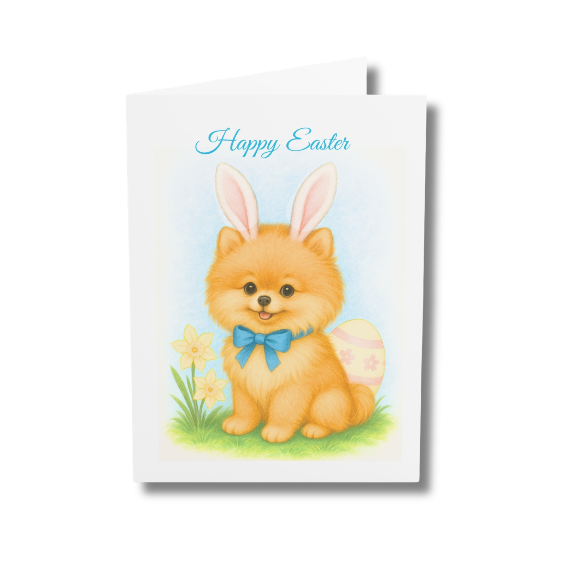 A darling Easter card featuring a Pomeranian Dog with bunny ears resting beside a daffodil and an easter egg.