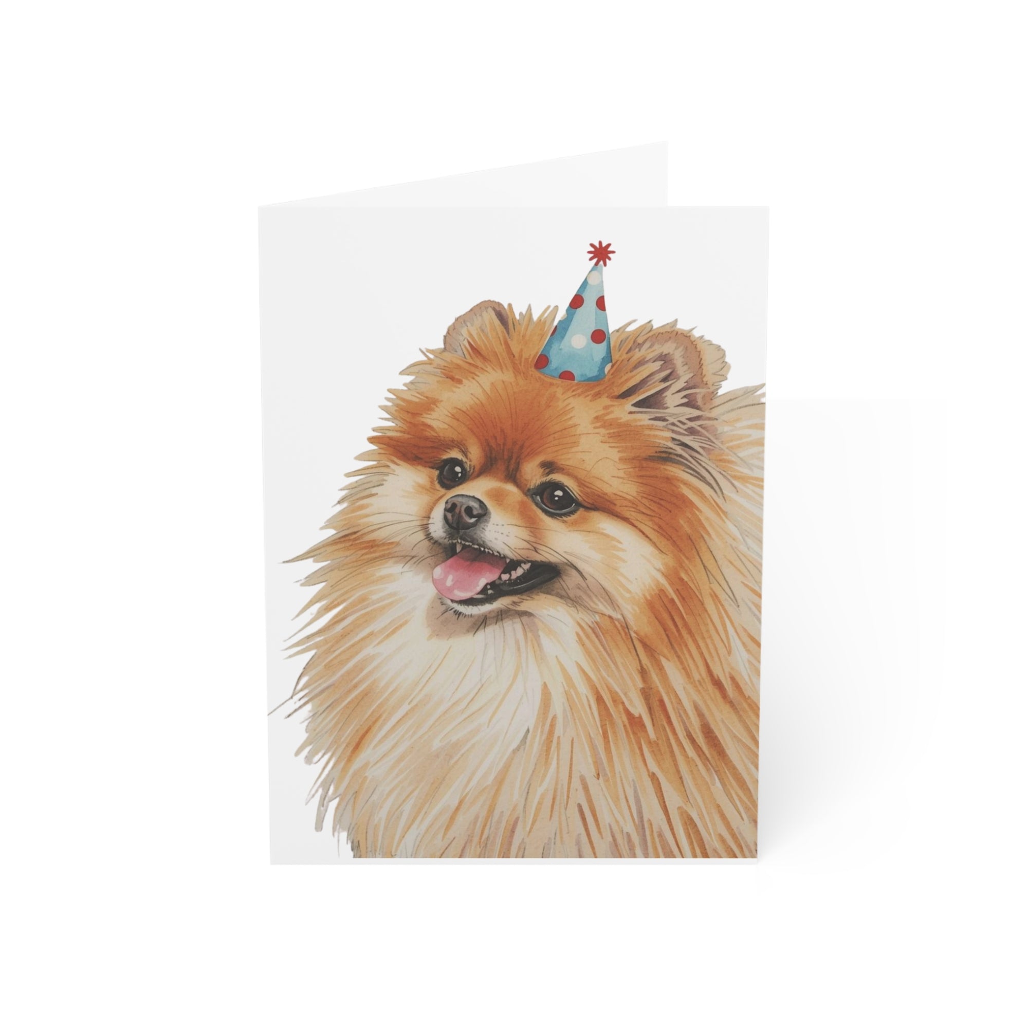 Illustration of a Pomeranian dog wearing a party hat on a white card