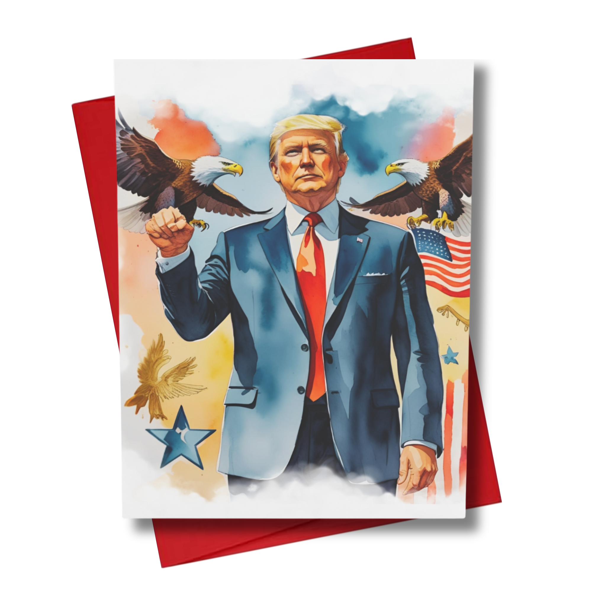 Card with a handsome image of the president of the united states of america holding an eagle, surrounded by American flags and stars
