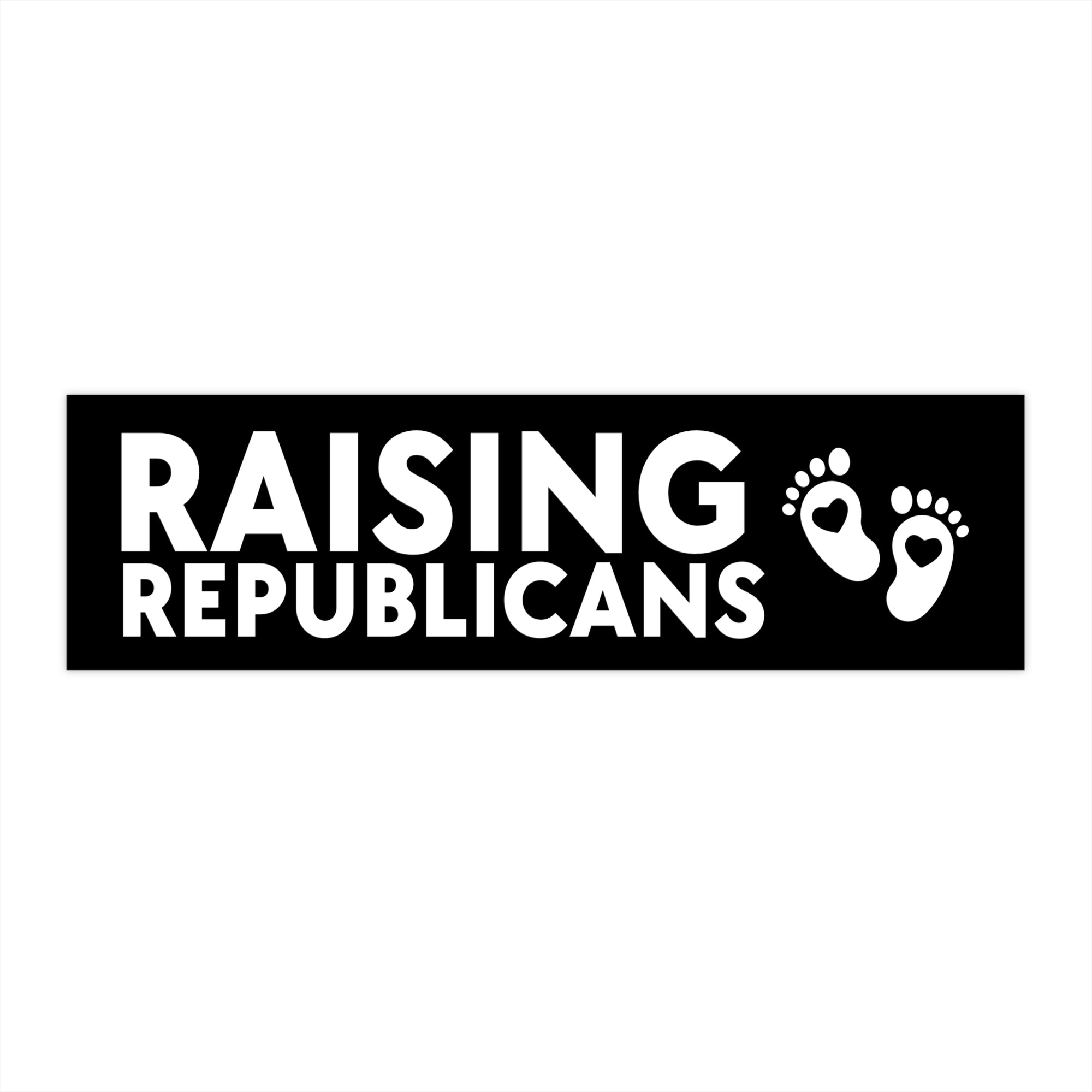 Sticker with 'RAISING REPUBLICANS' text and footprints on a white background