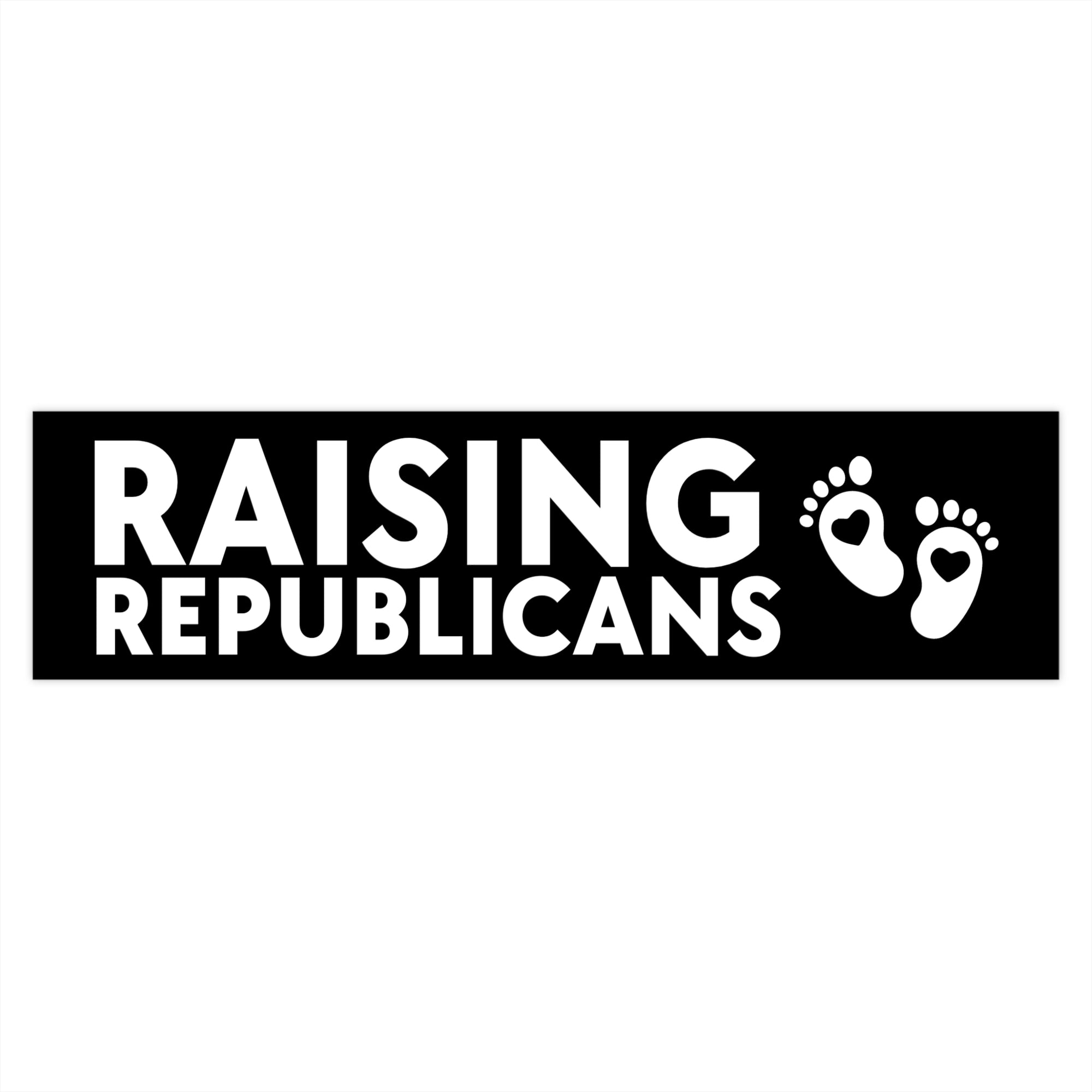Sticker with 'RAISING REPUBLICANS' text and footprints on a white background