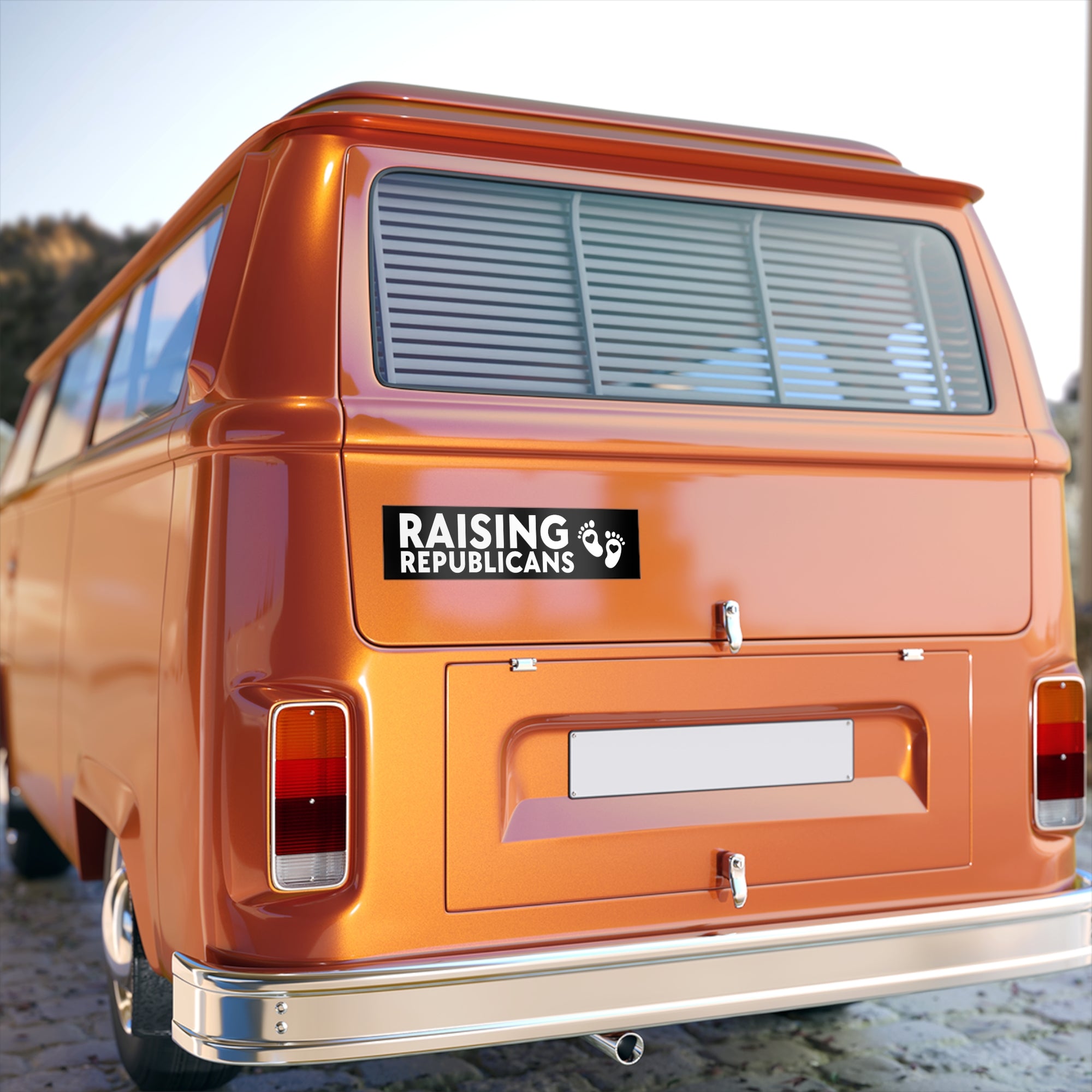Orange van with a 'Raising Republicans' sticker on the back