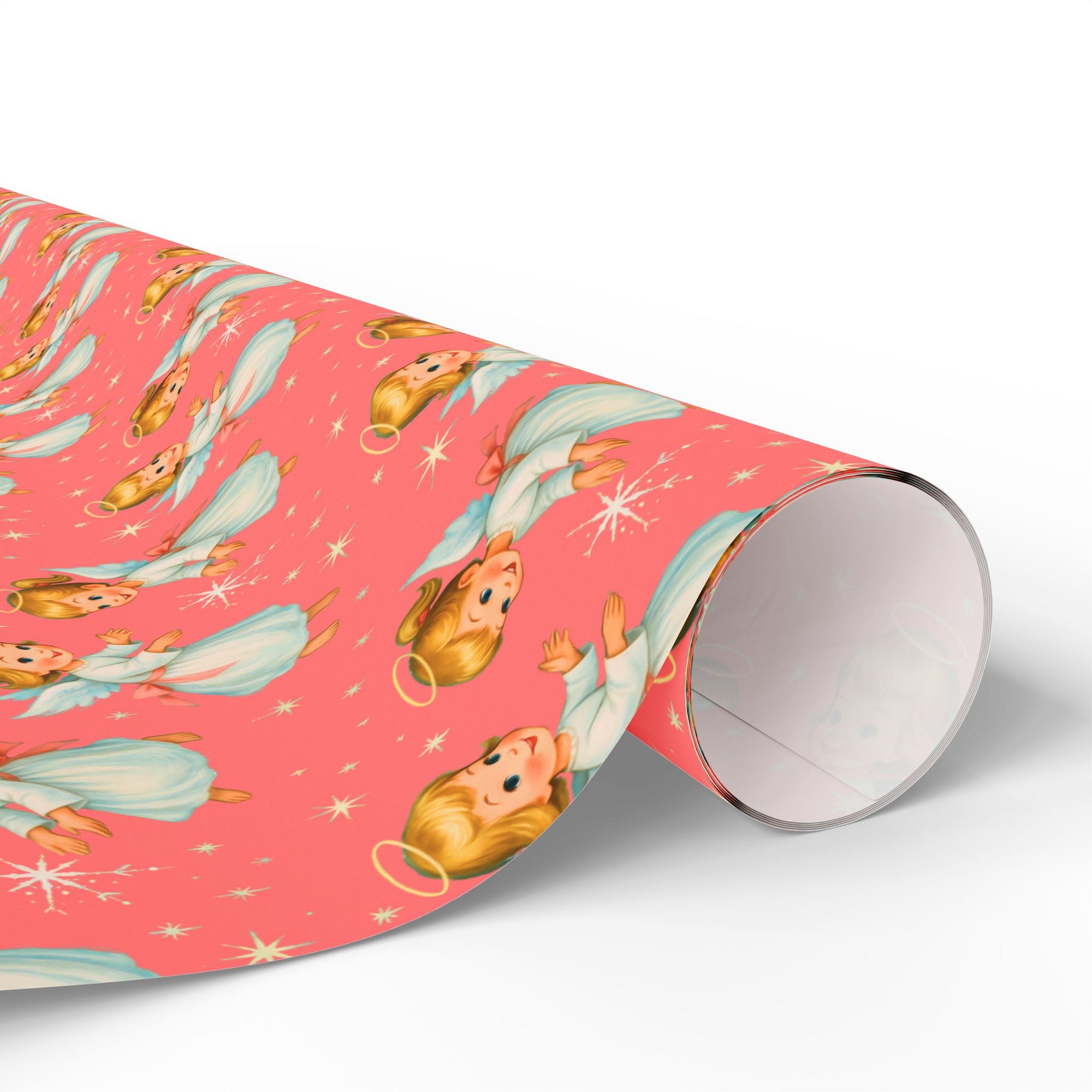 Retro Christmas angel wrapping paper with vintage storybook angels, white gowns, golden halos, and twinkling stars on a pink background.