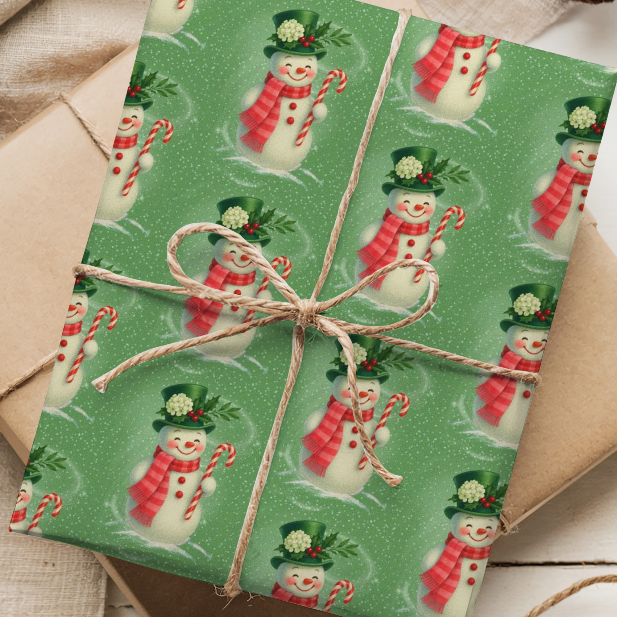Gift box wrapped in green paper with snowman pattern on a wooden surface