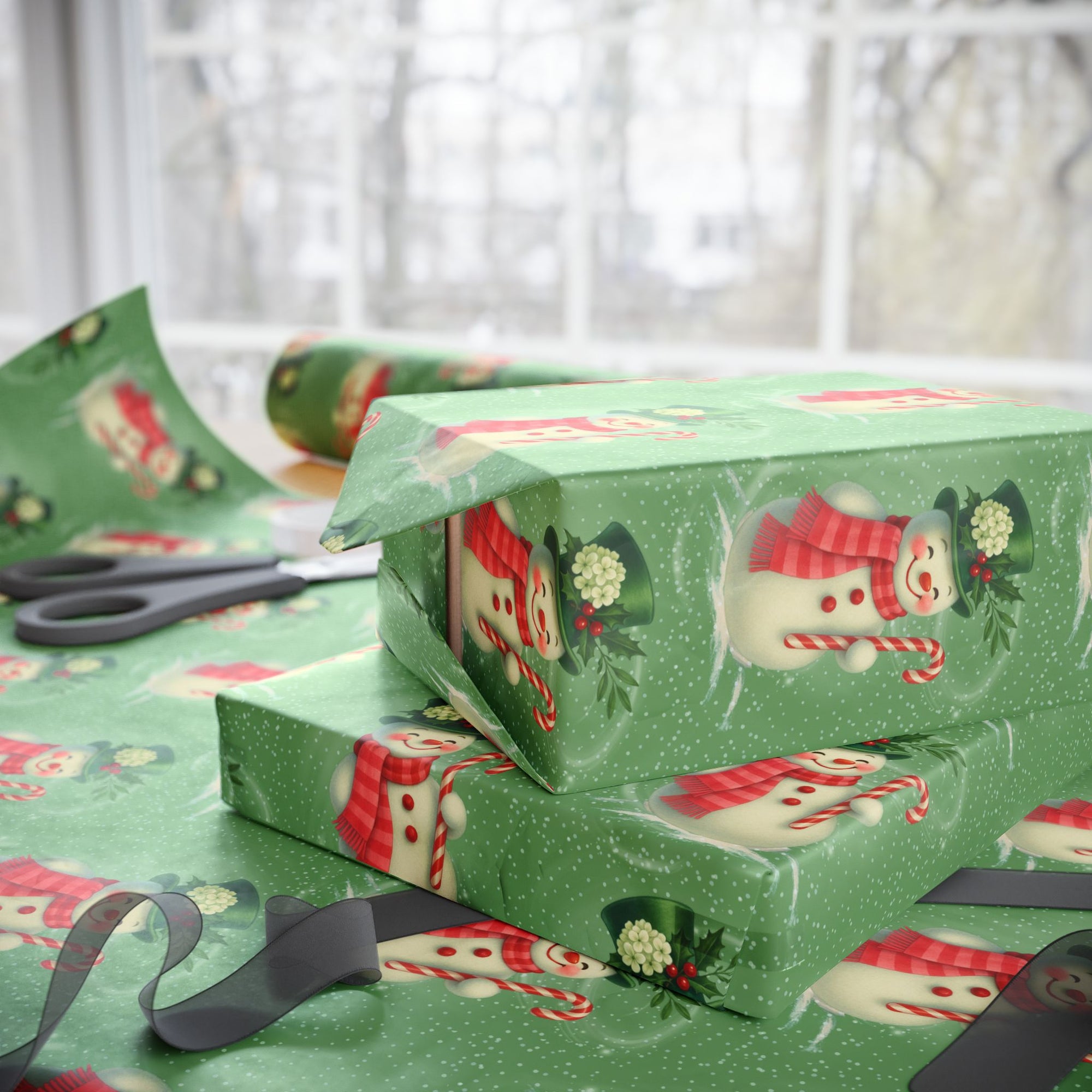 Christmas-themed gift wrap with snowmen and candy canes on a green background.
