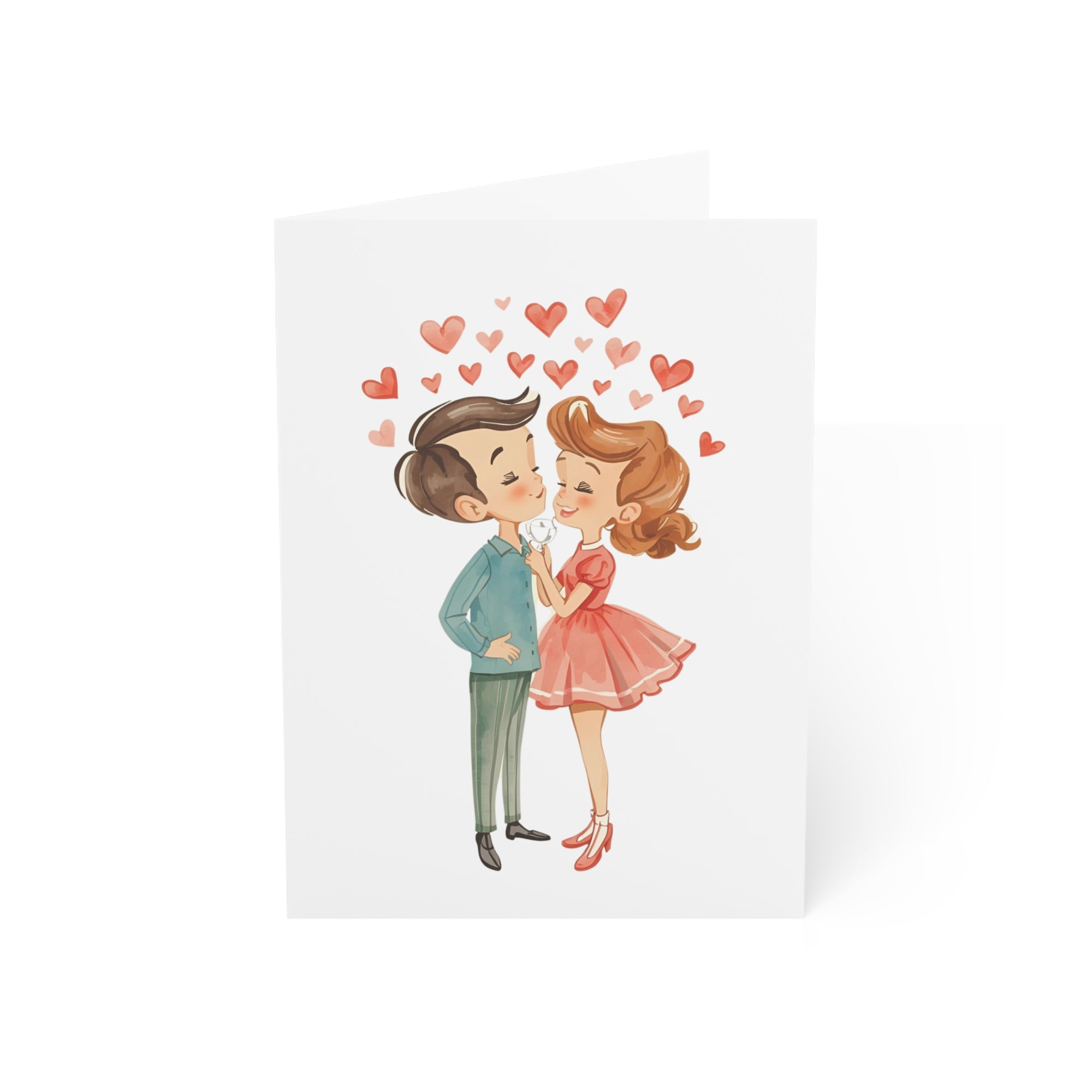 Illustration of a couple sharing a kiss with hearts above them on a white background