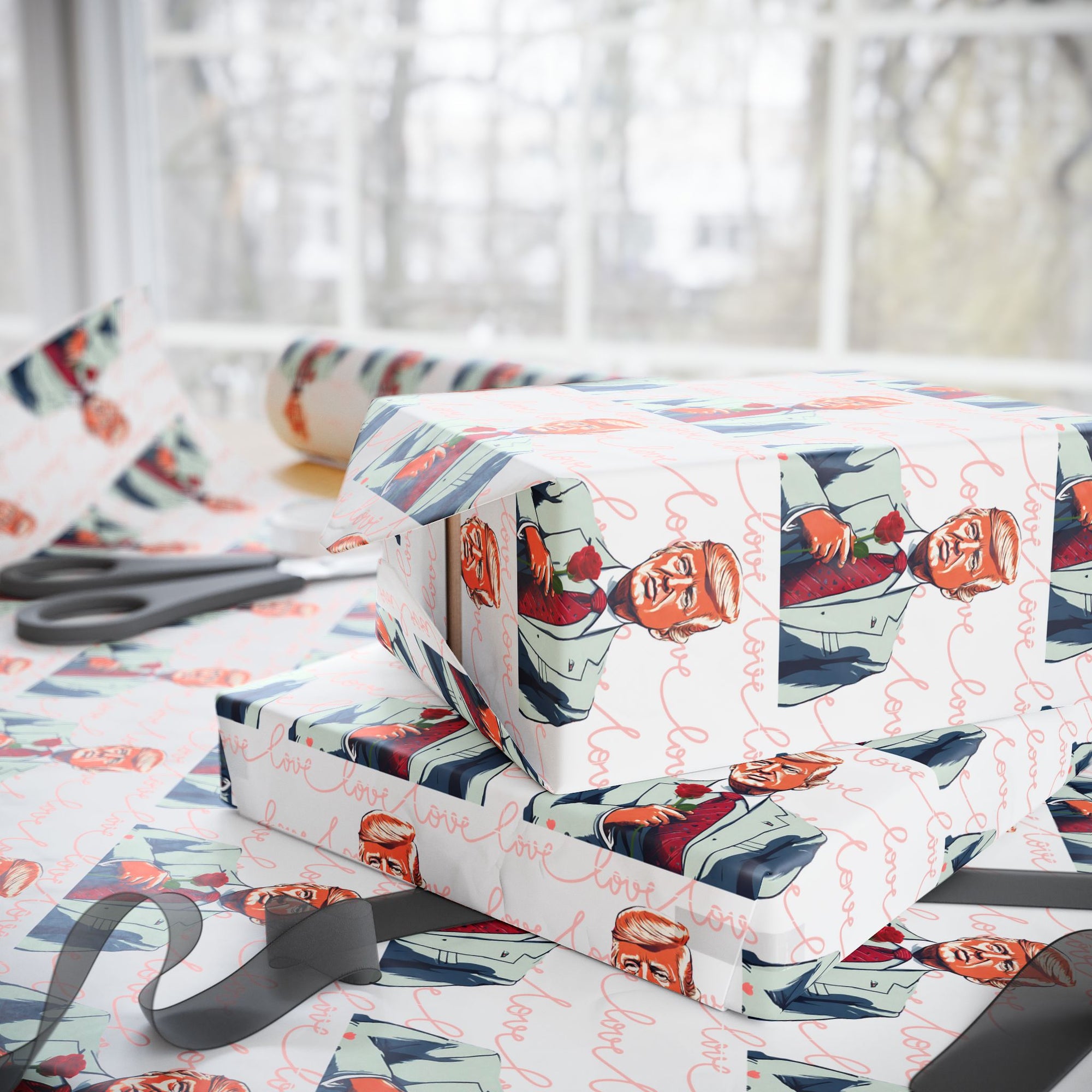 Romantic political wrapping paper roll a red roses and the script love written in background  – perfect for Valentine's Day or anniversaries side