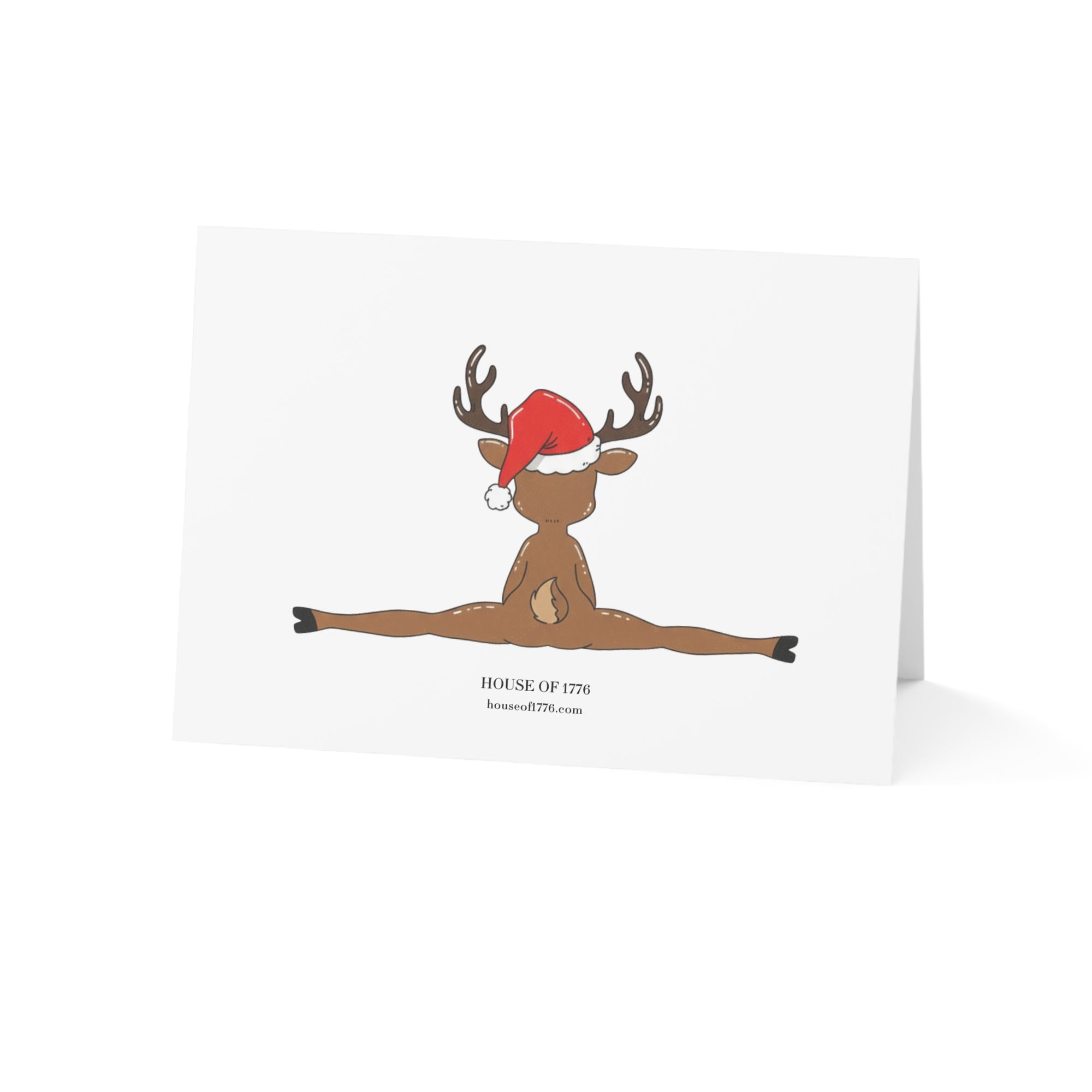 Card with a reindeer doing a split wearing a Santa hat on a white background