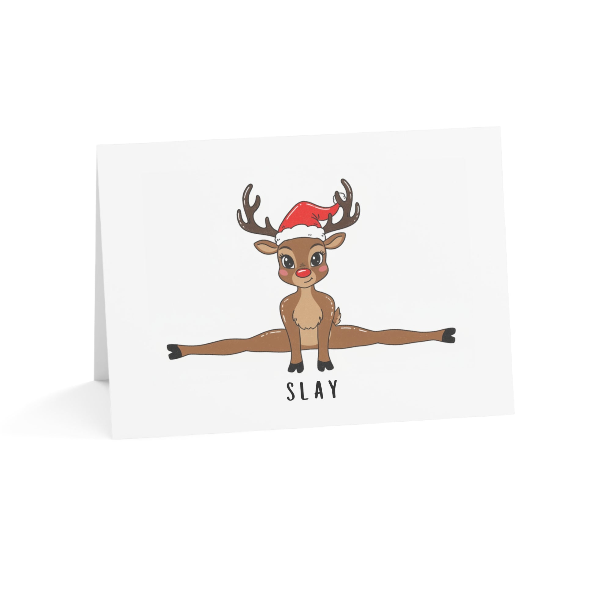 Card with a reindeer doing a split and wearing a Santa hat on a white background