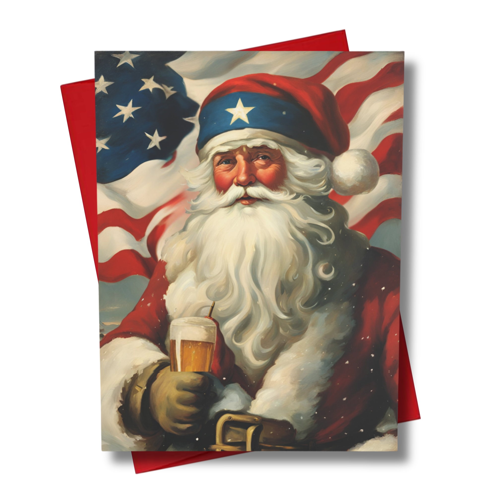 patriotic santa holding a beer with american flag background, vintage christmas card