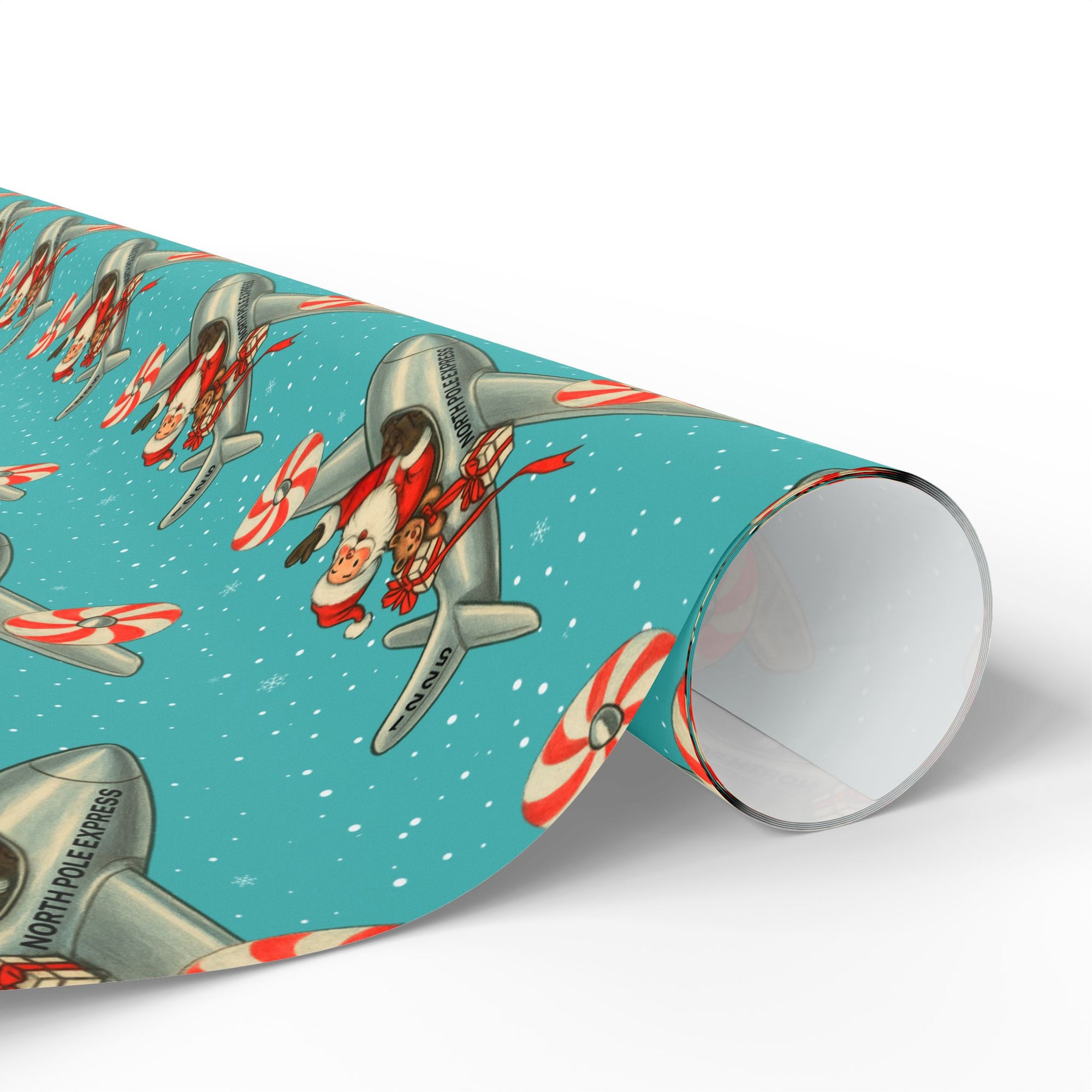 Retro christmas wrappinug paper featuring santa flying peppermint turboprop plane with gifts on a turquoise snowy background.