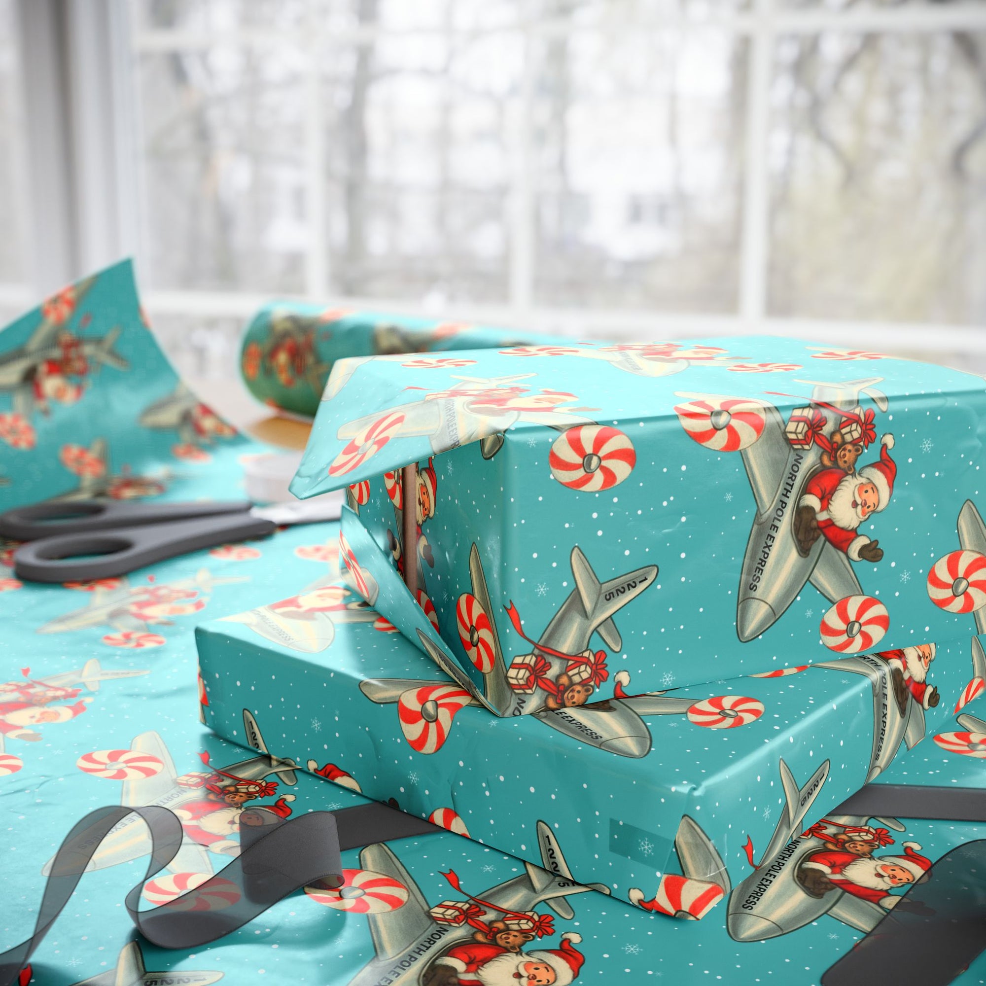 Retro christmas wrappinug paper featuring santa flying peppermint turboprop plane with gifts on a turquoise snowy background.