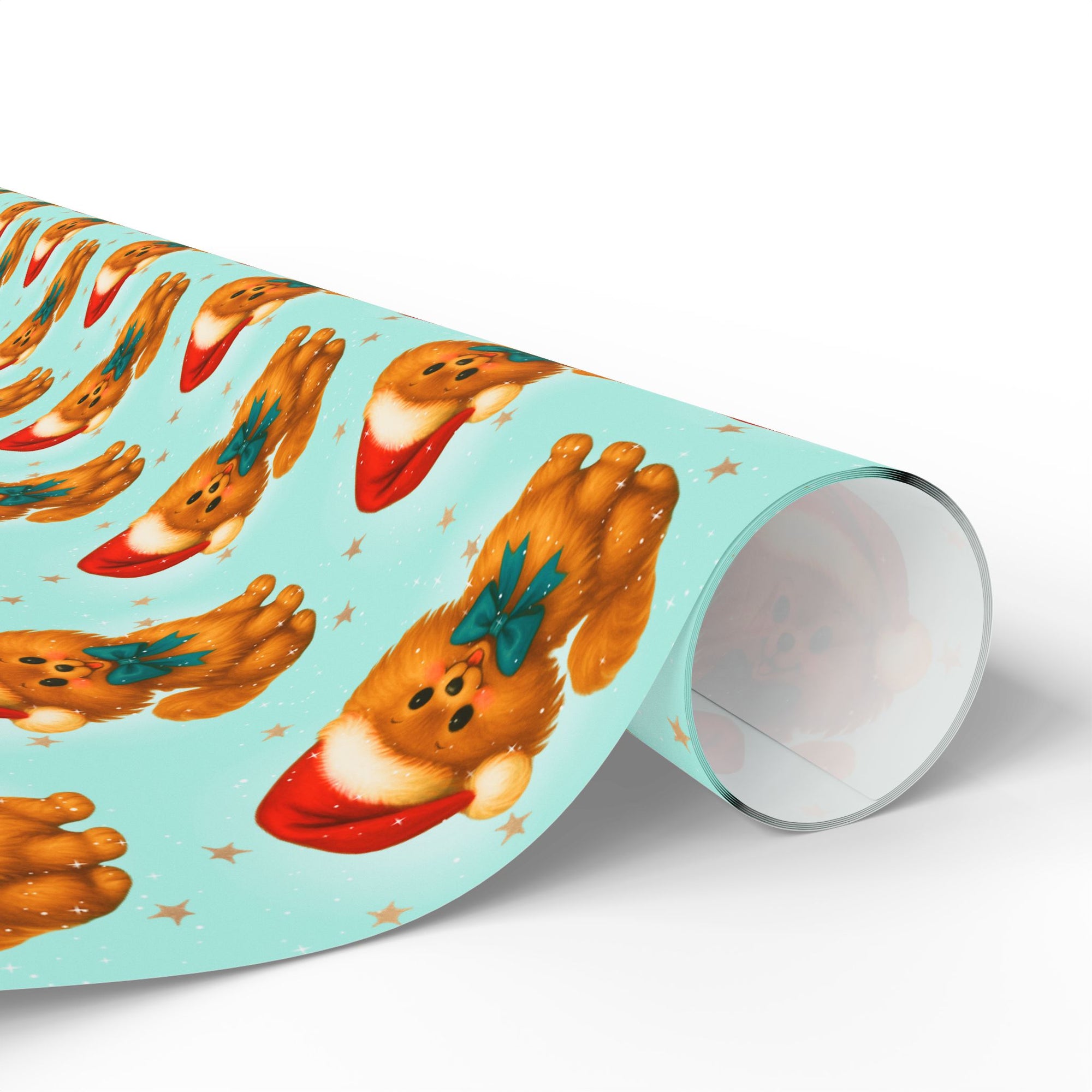 Christmas wrapping paper with cute Santa Pomeranian puppies on aqua background with stars