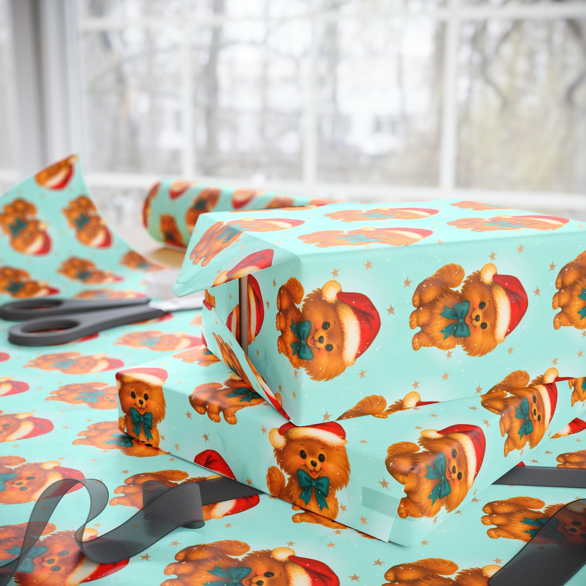Christmas themed gift wrap with Pomeranian puppy in a Santa hat against an aqua backdrop.