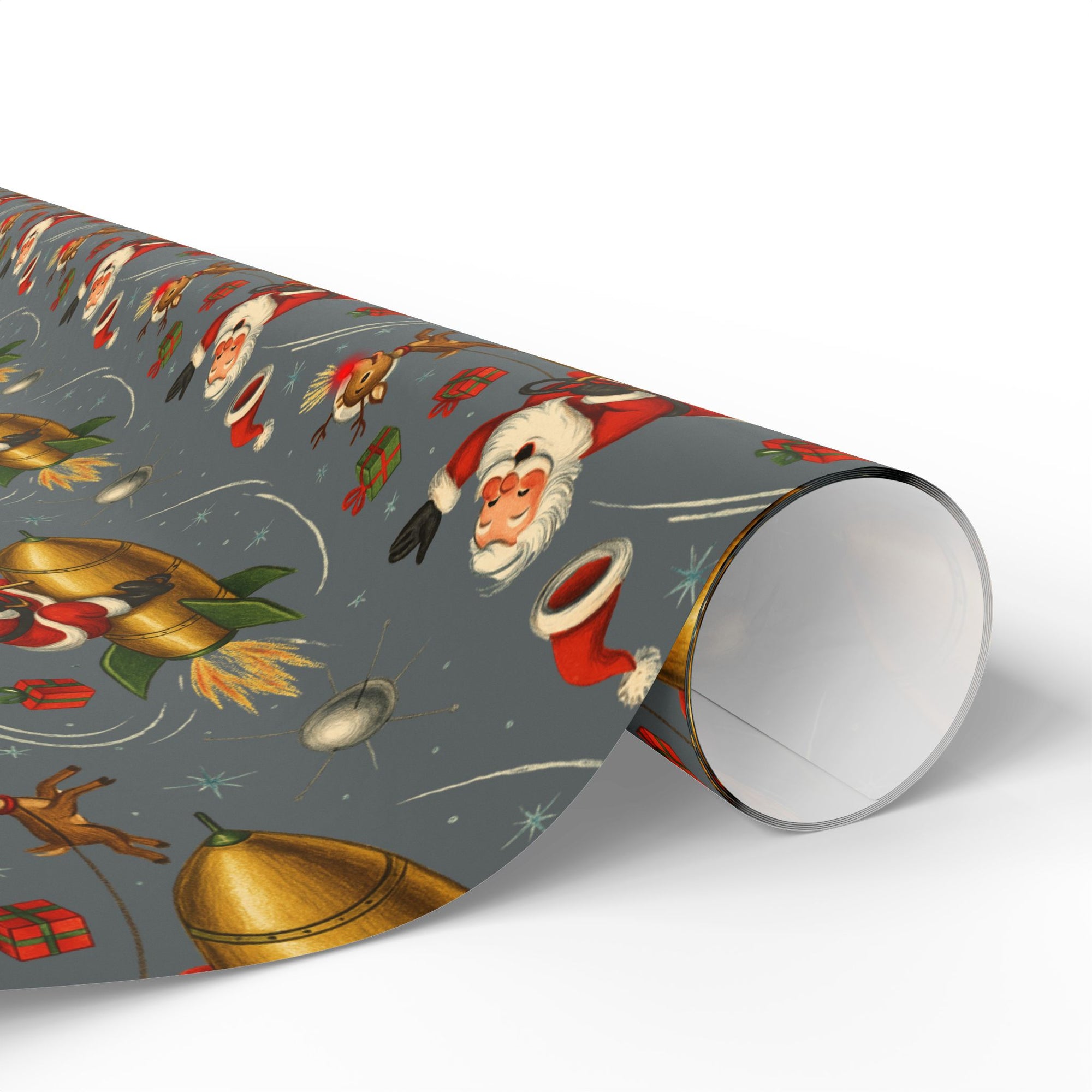 Christmas themed wrapping paper roll featuring Santa and rudolph riding a rocket through space ready to deliver presents.