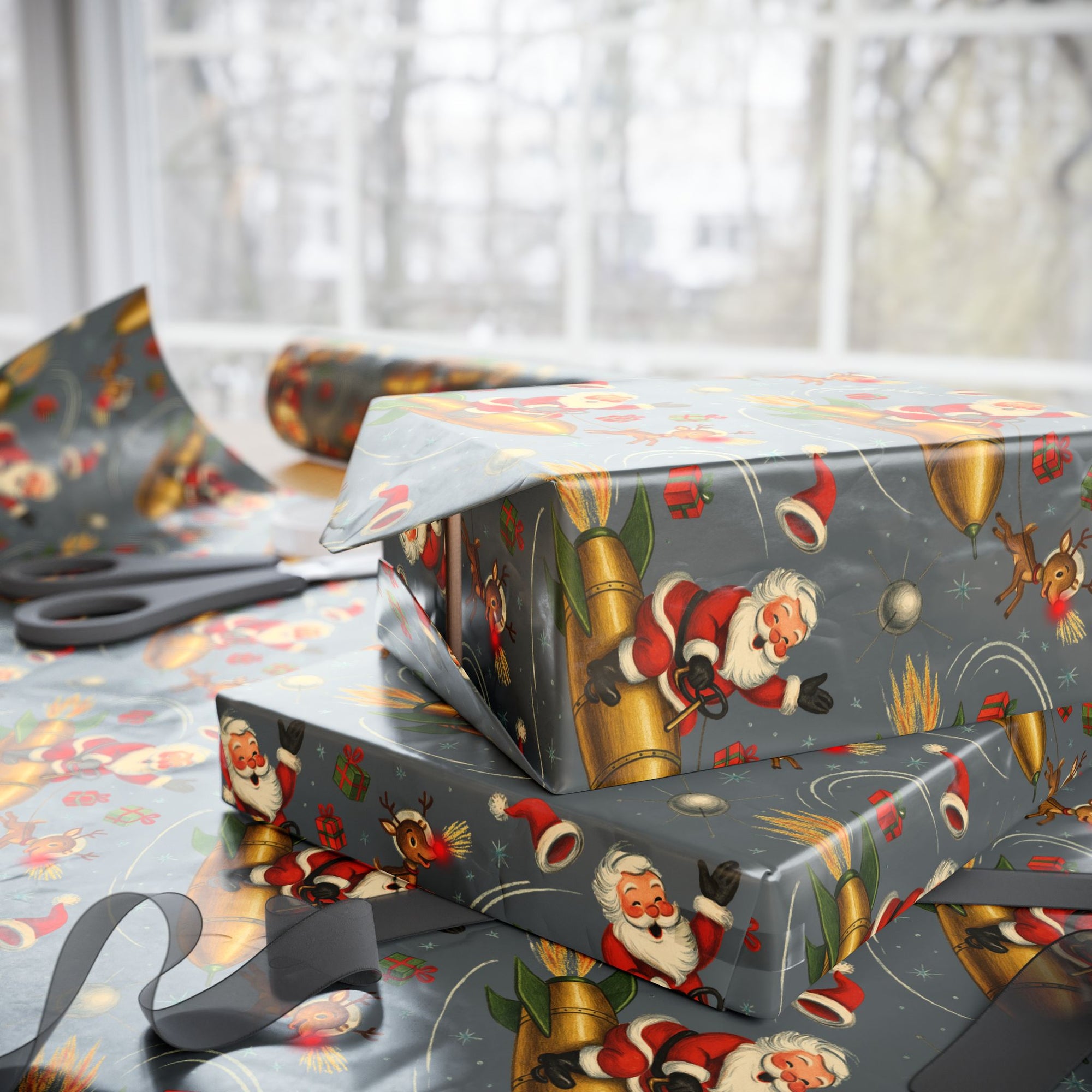 Christmas themed wrapping paper featuring Santa and rudolph riding a rocket through space ready to deliver presents.