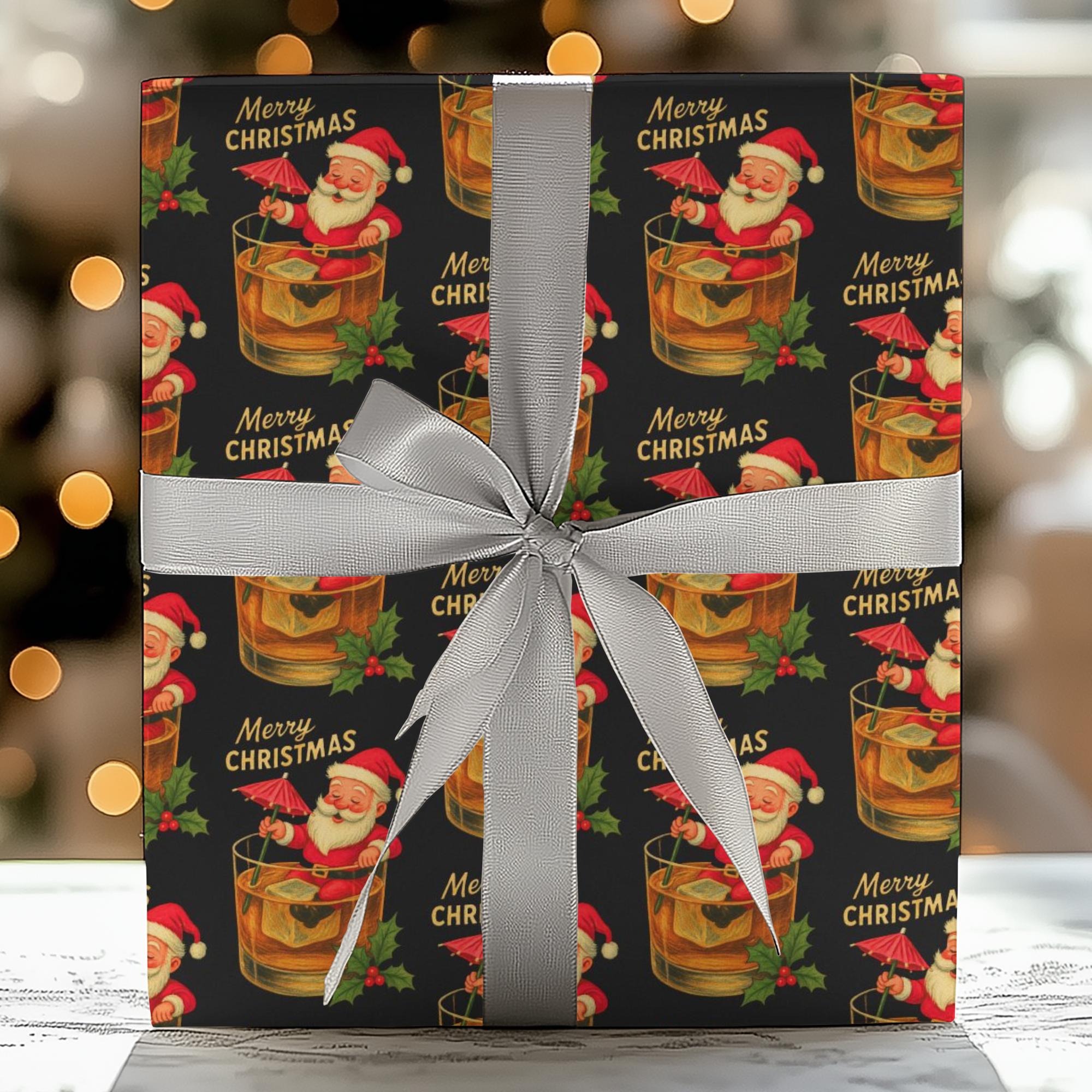Santa’s Old Fashioned Christmas Wrapping Paper featuring retro Santa in a whiskey glass with holly and “Merry Christmas” text on a black background.