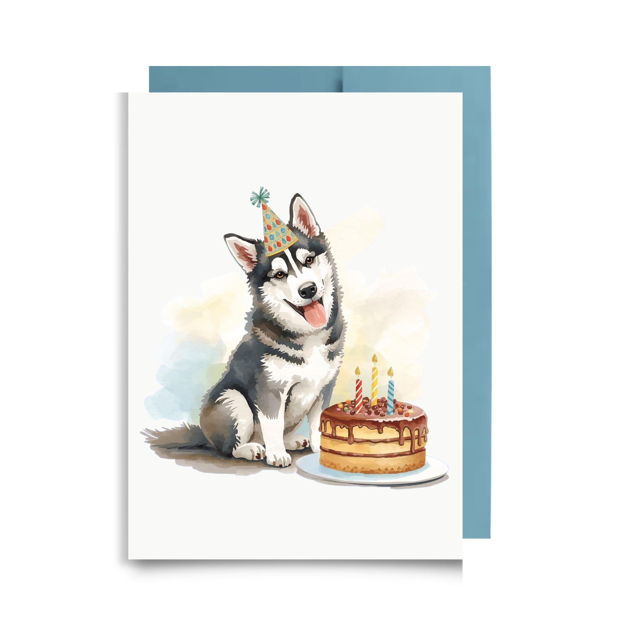 Siberian husky birthday card watercolor with cake and party on light background.