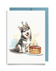 Siberian husky birthday card watercolor with cake and party on light background.