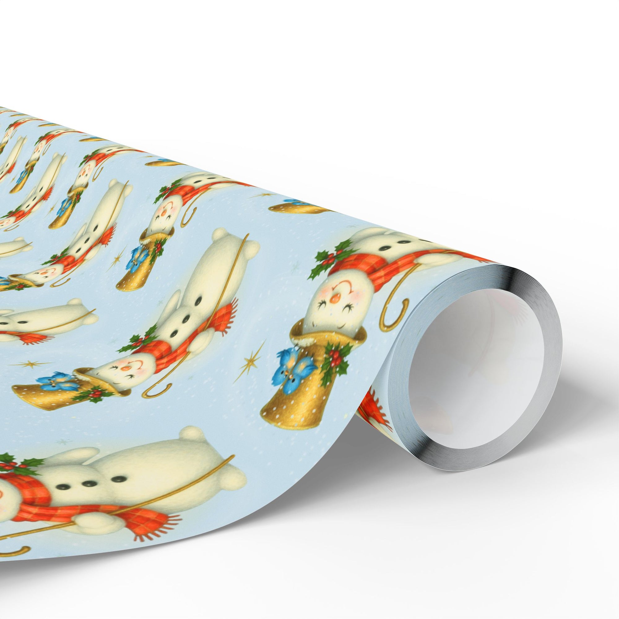 Roll of wrapping paper with snowman design on a light blue background