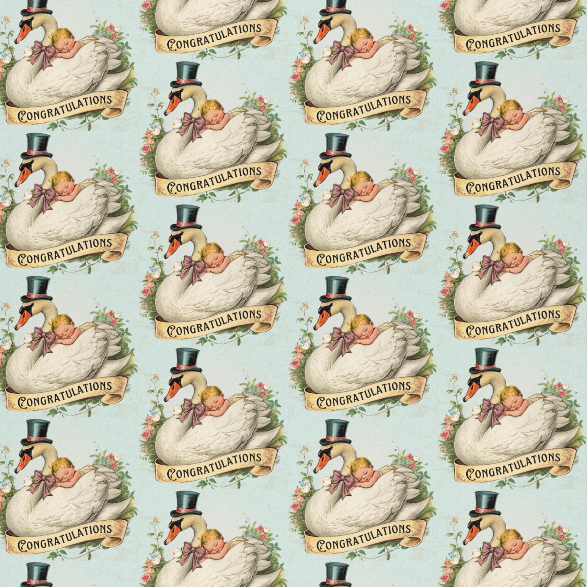 Vintage-style swan design with baby and top hat, featuring 'Congratulations' text on a light blue background.