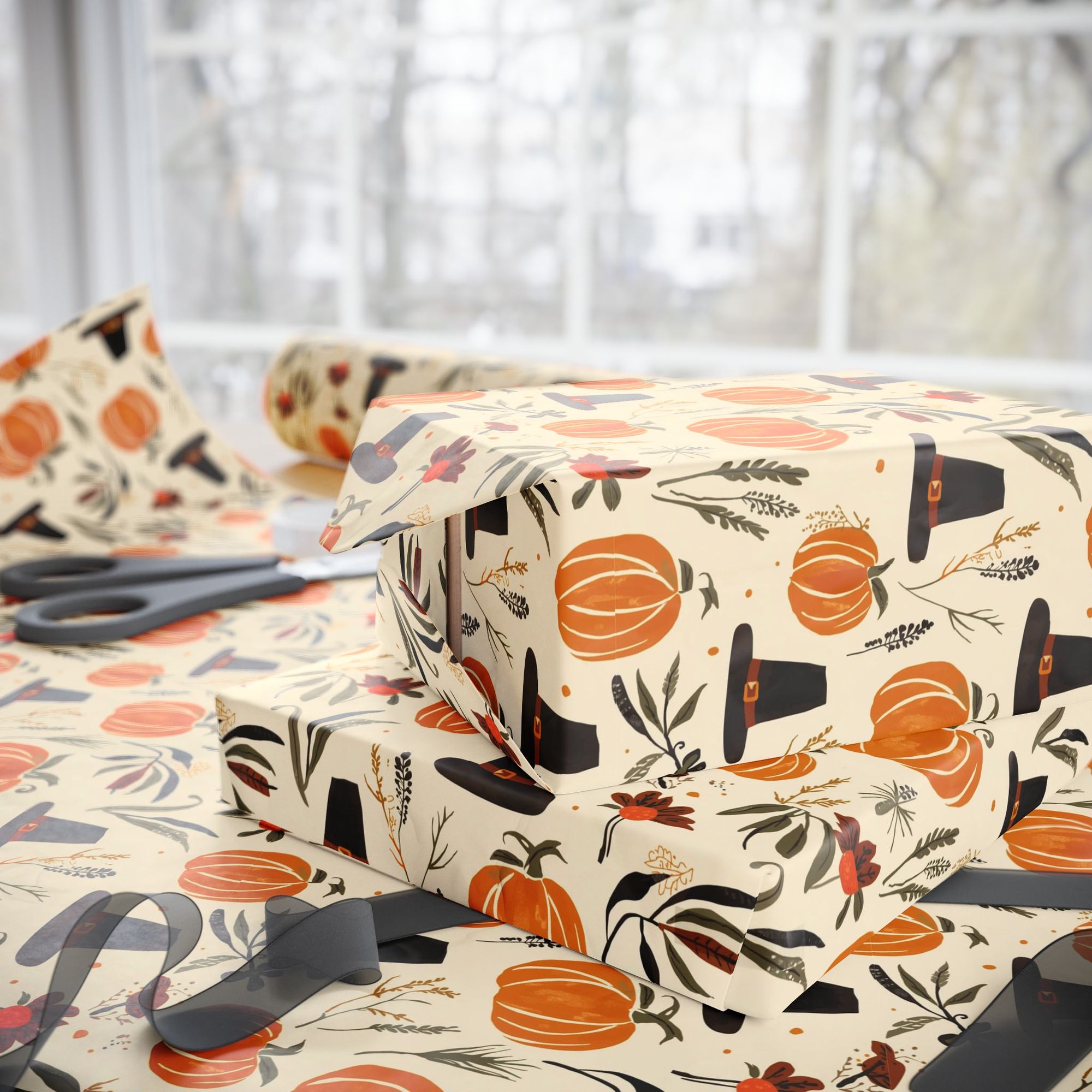 Gift boxes wrapped in autumn-themed paper with pumpkins, pilgrims, and leaves.