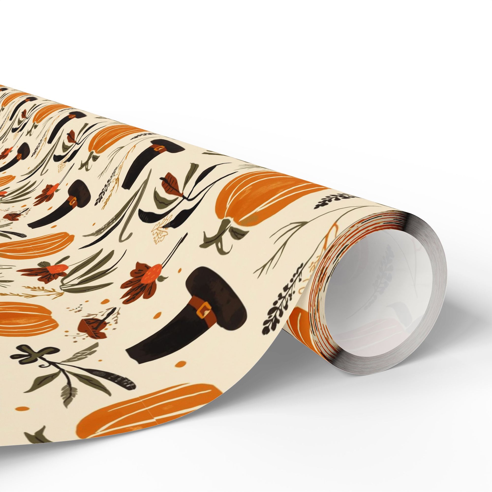 Thanksgiving wrapping paper roll in autumn-themed paper with pumpkins, pilgrims, and leaves.