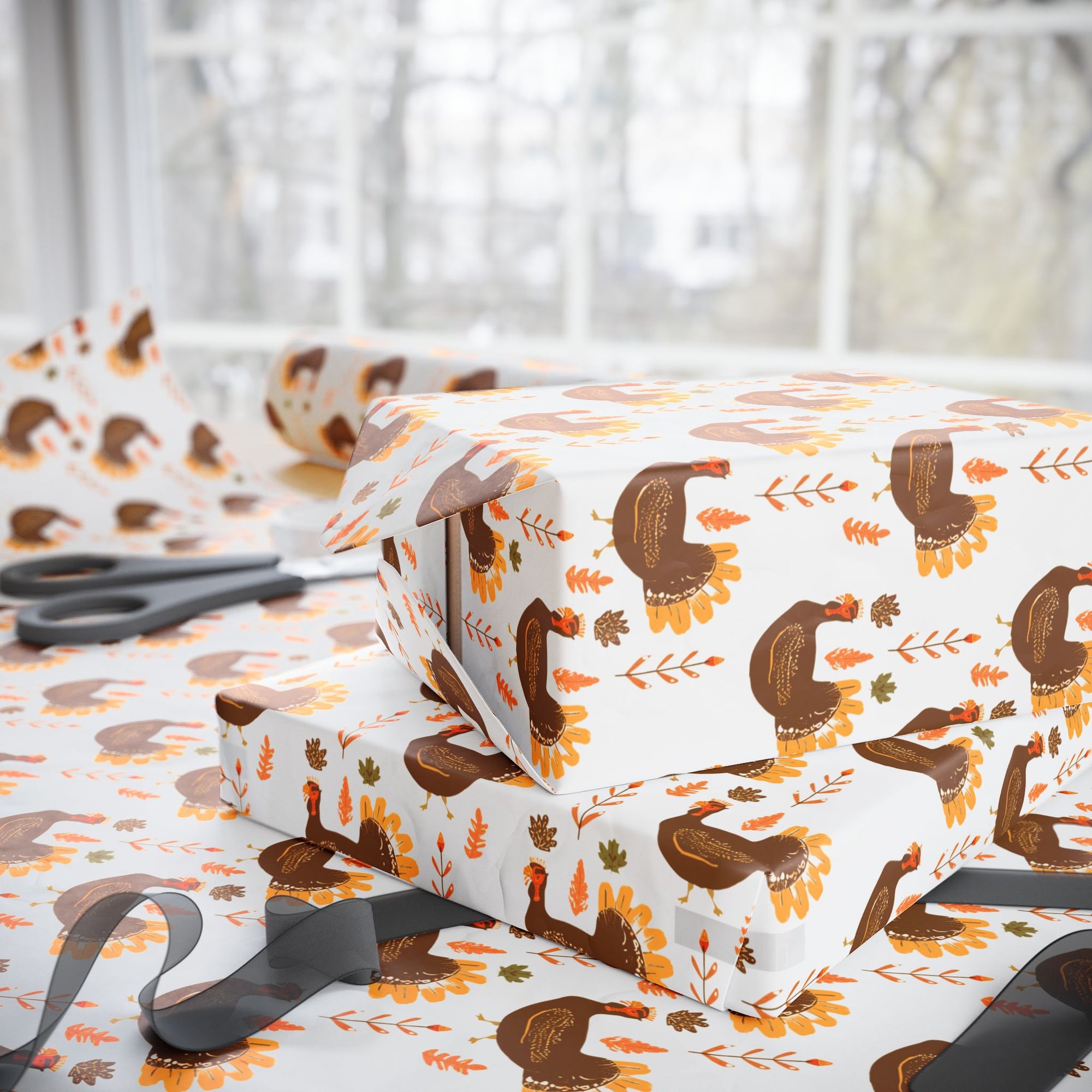 Vintage Thanksgiving Turkey Wrapping Paper featuring hand-painted turkeys and autumn leaves in warm fall colors.