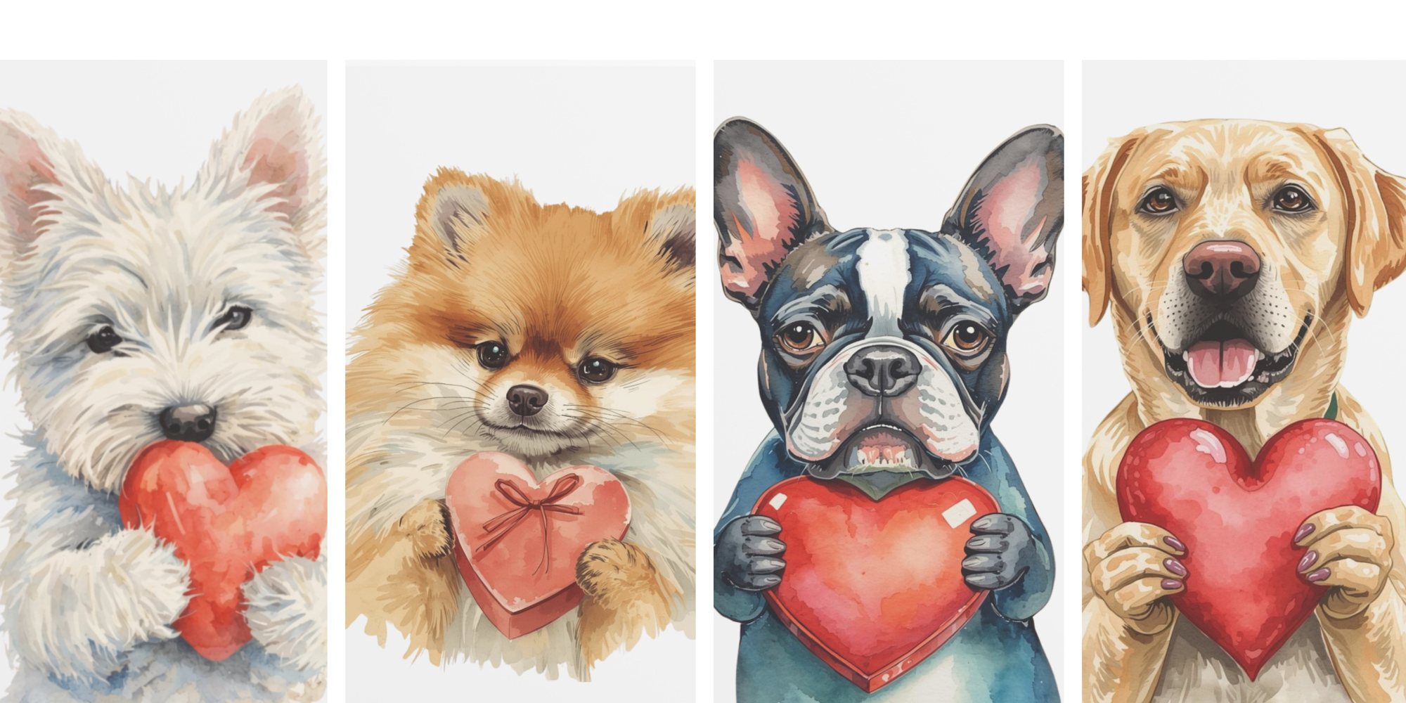 Four dogs holding hearts with different breeds on a white background