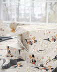 Vintage style wedding wrapping paper with bride and groom and tiered cakes on neutral background