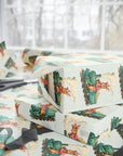 Stack of wrapped presents with a vintage bunny and train design on a light background.