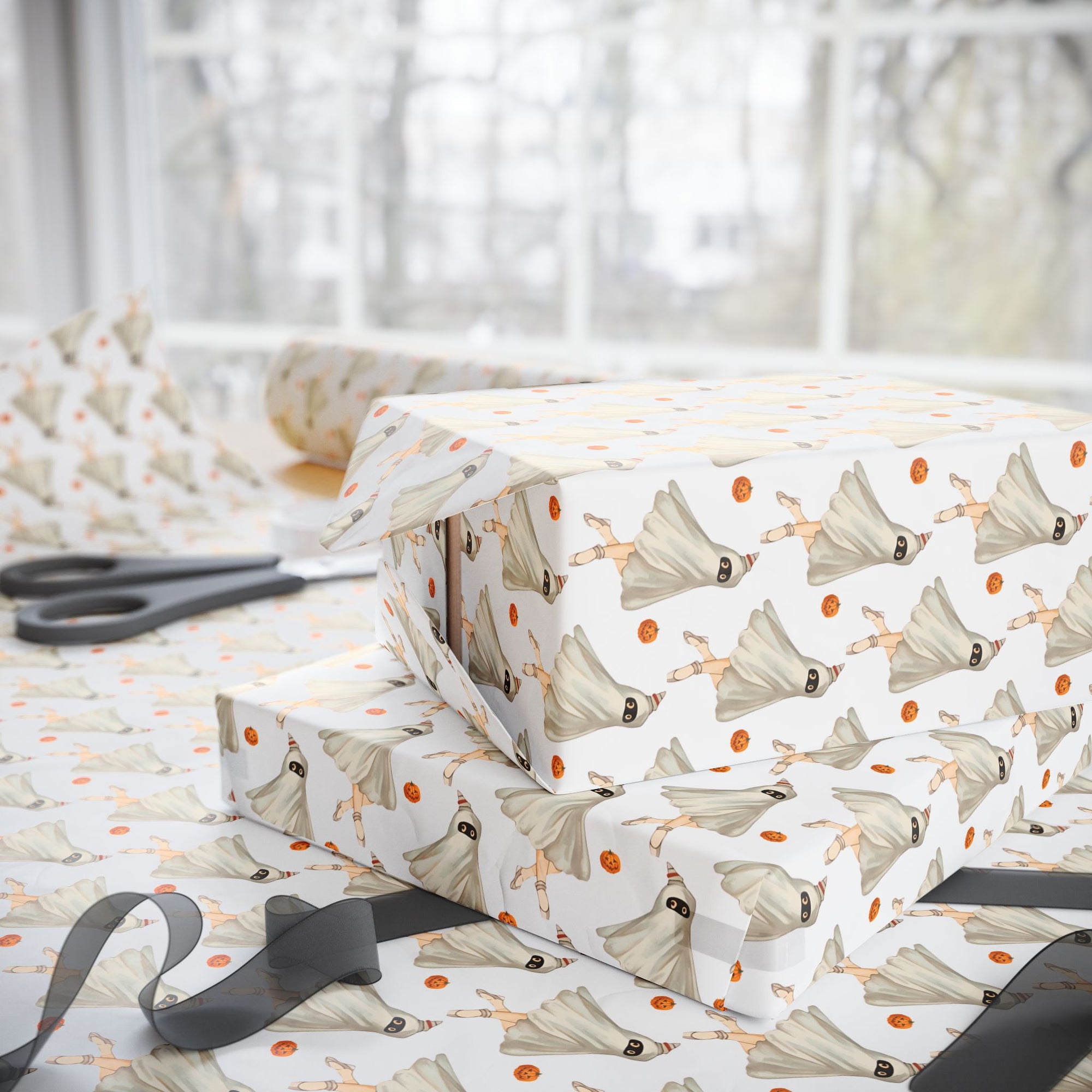 Vintage ghost Halloween wrapping paper featuring a ballerina ghost in a flowing sheet costume against a white background