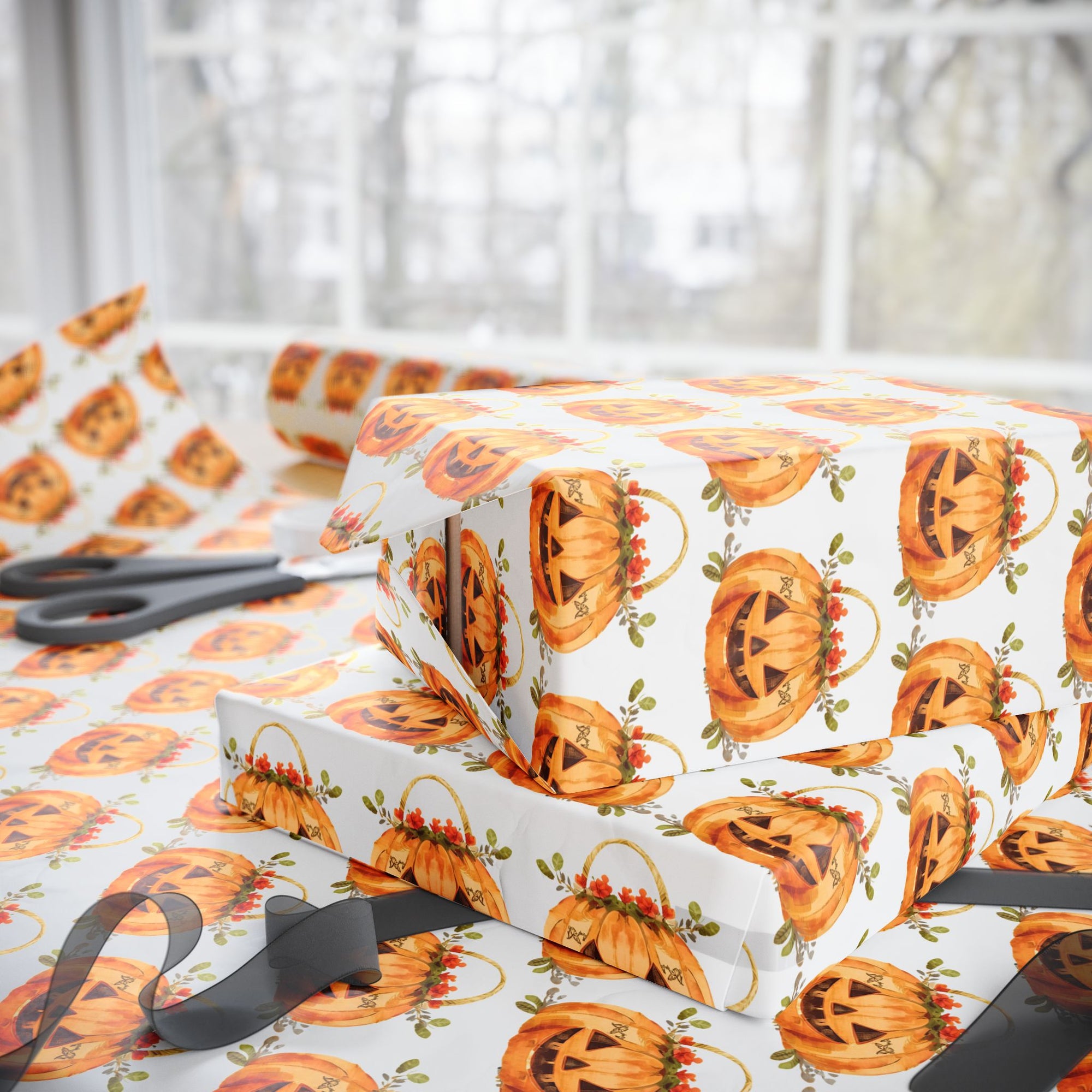 Vintage jack-o’-lantern Halloween wrapping paper featuring watercolor pumpkins with floral accent