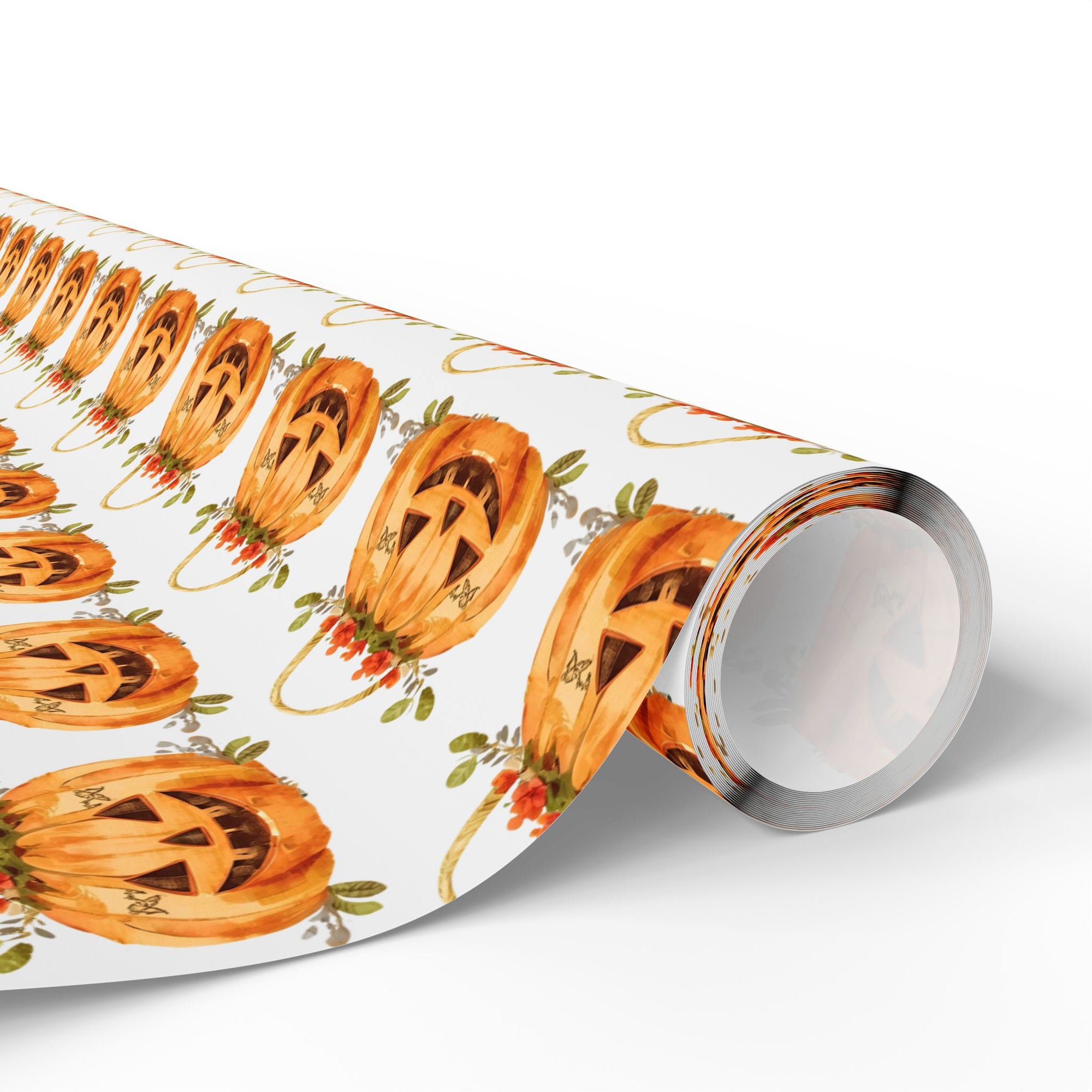Roll of Halloween-themed paper with jack-o'-lanterns and floral accents on a white background