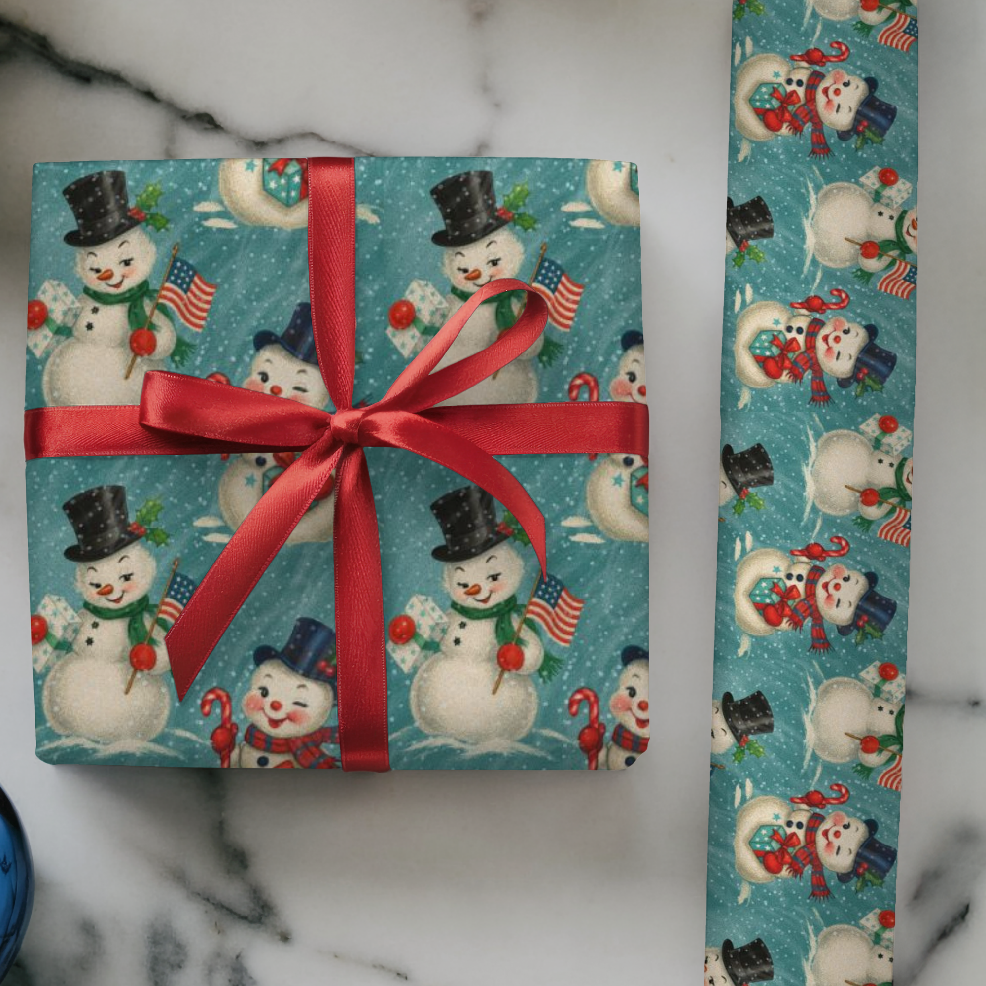 Christmas wrapping paper featuring a very patriotic snowman with a top hat holding an American flag.