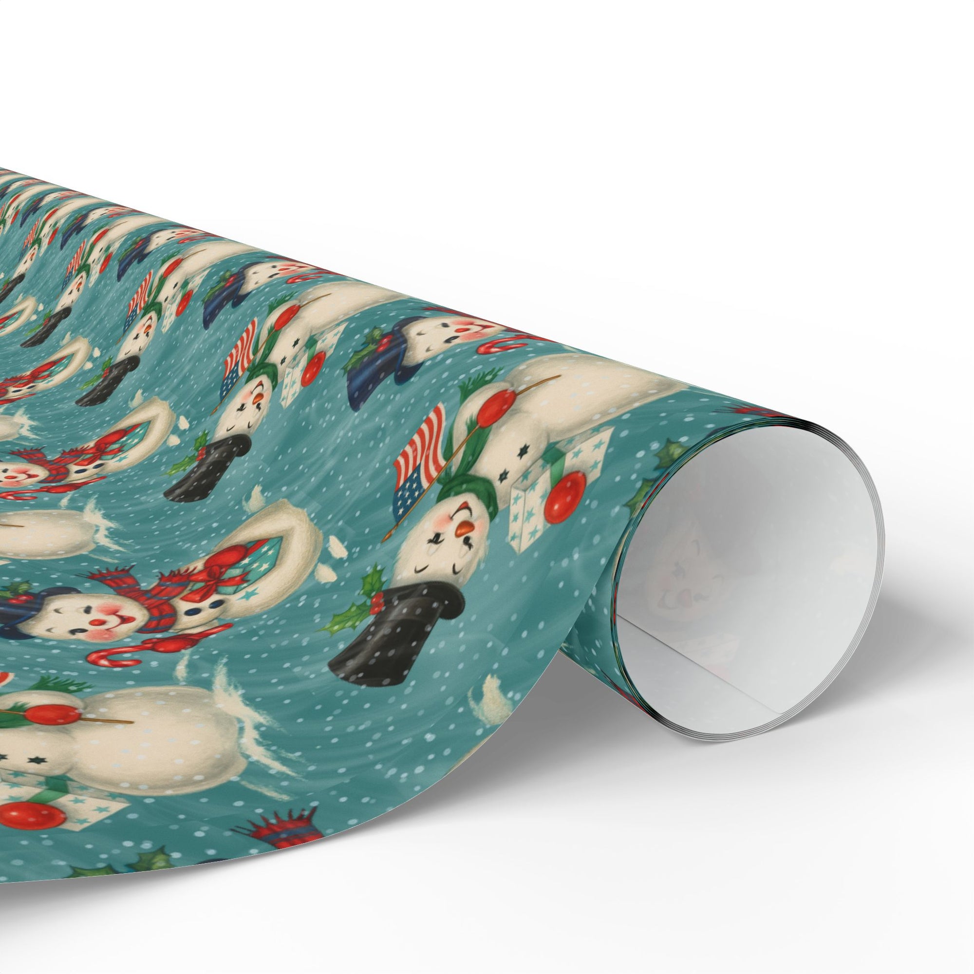 Roll of Christmas wrapping paper featuring a snowman holding an American flag against a turquoise background.
