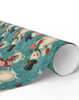 Roll of Christmas wrapping paper featuring a snowman holding an American flag against a turquoise background.