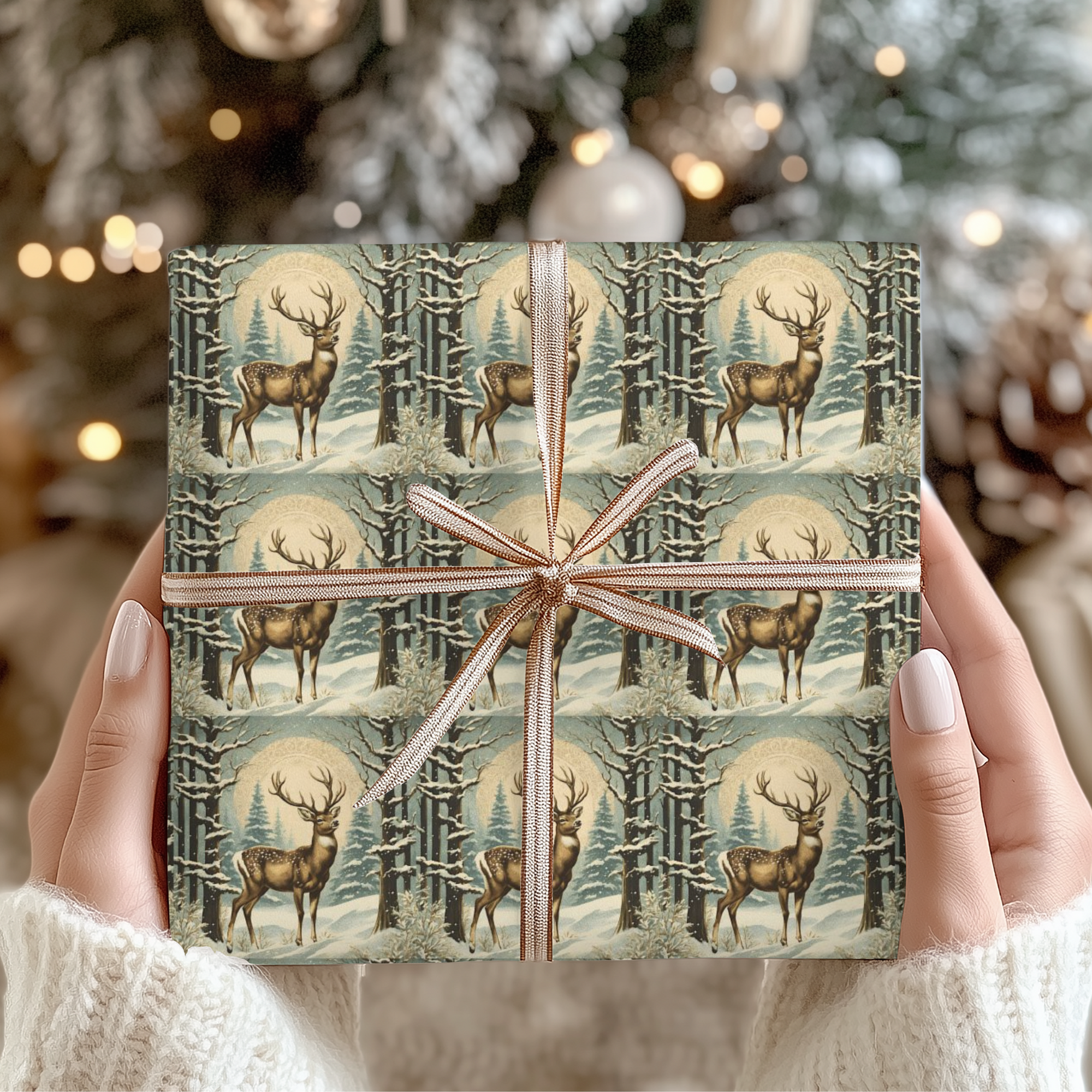 Gift box wrapped with rustic reindeer  pattern among a winter forest held by hands against a festive background