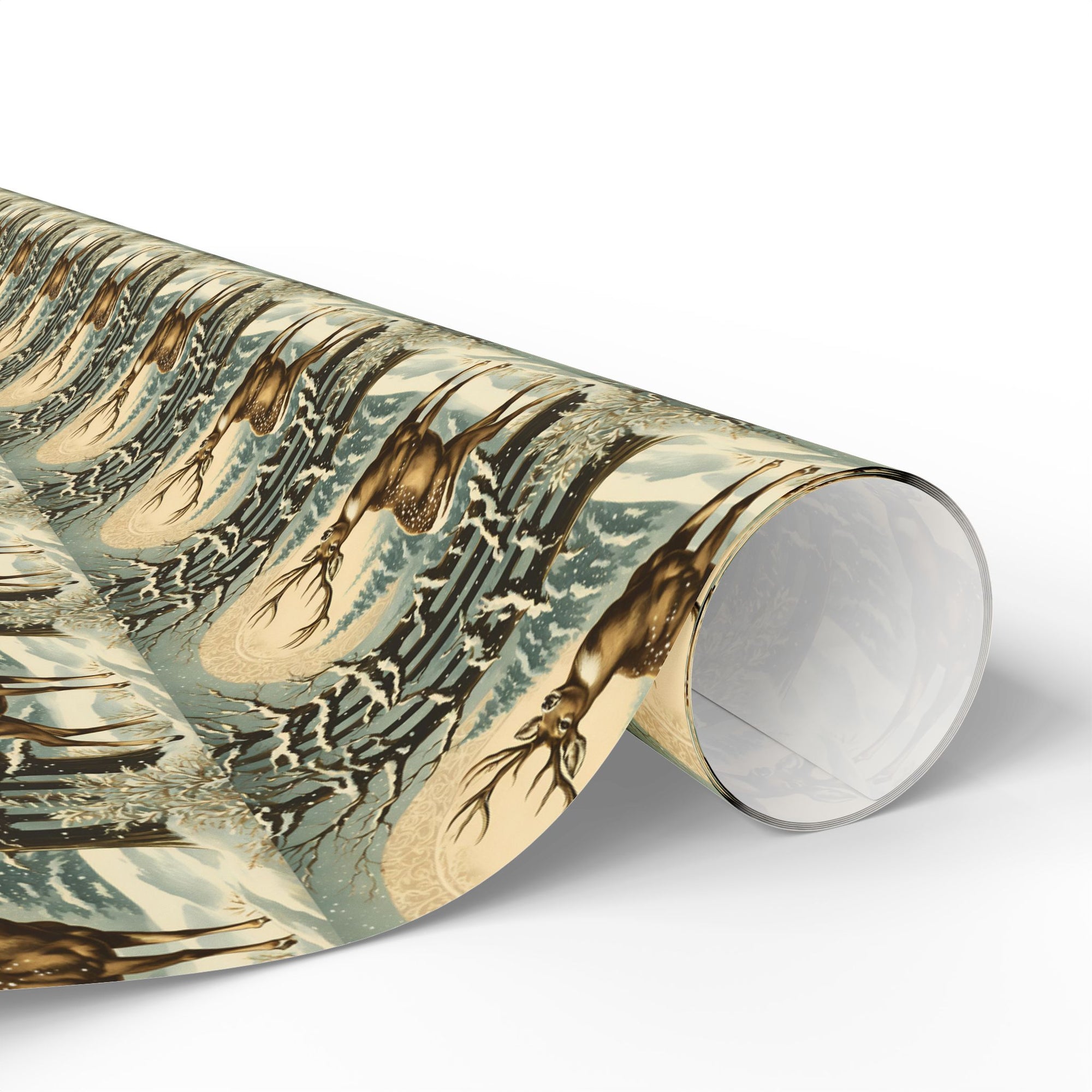 Roll of Christmas wrapping paper with reindeer in a winter forest theme 