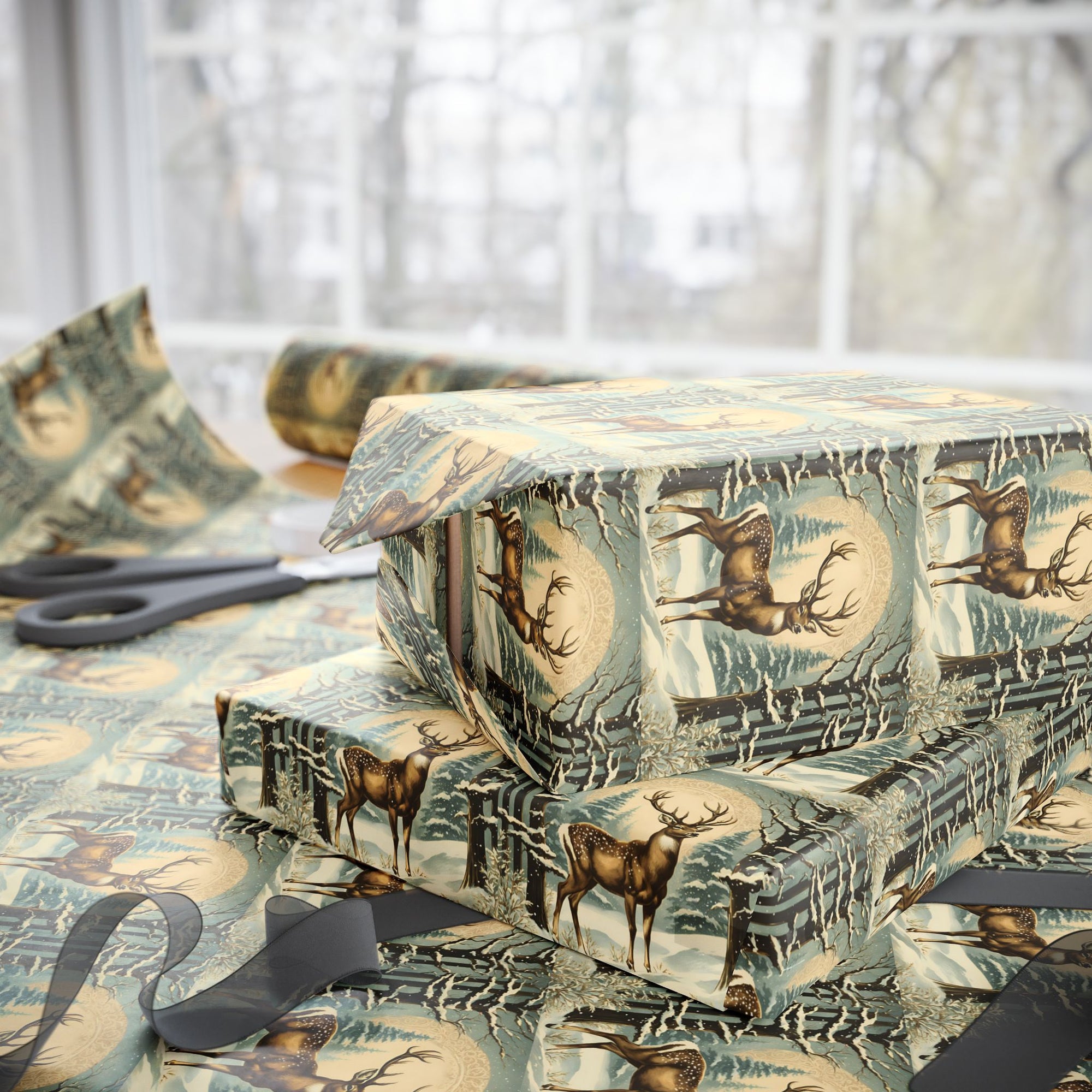 Gift boxes wrapped in reindeer themed winter forest wrapping paper 