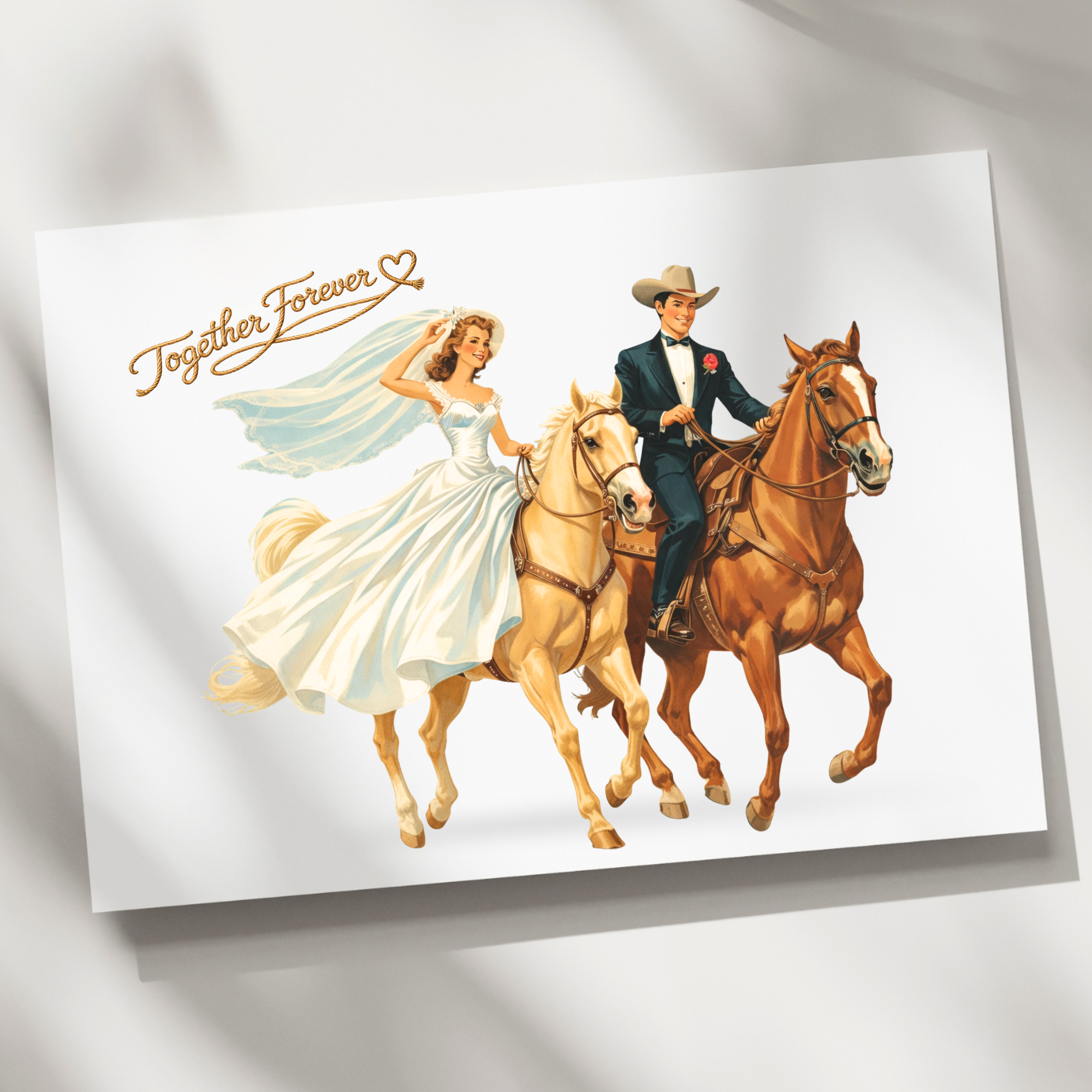 Card with western newlyweds on horses and 'Together Forever' text.