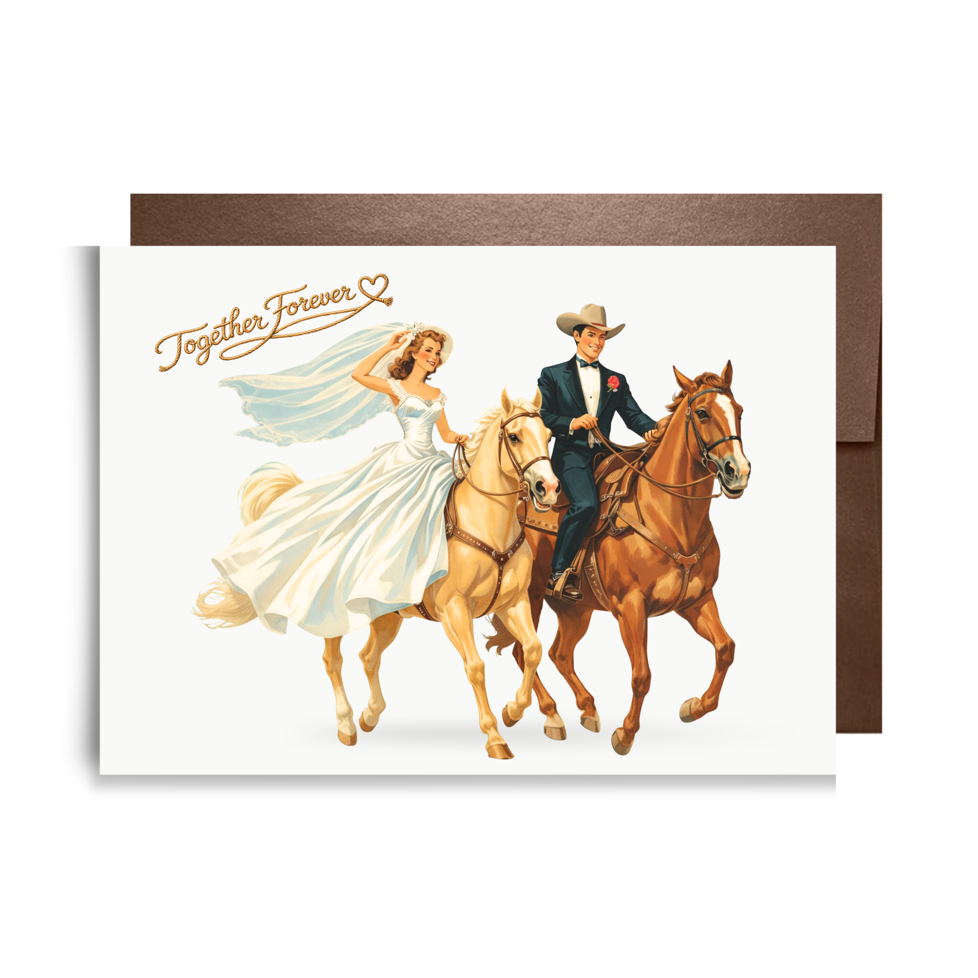 Vintage card with a bride and groom on horses and 'Together Forever' text.