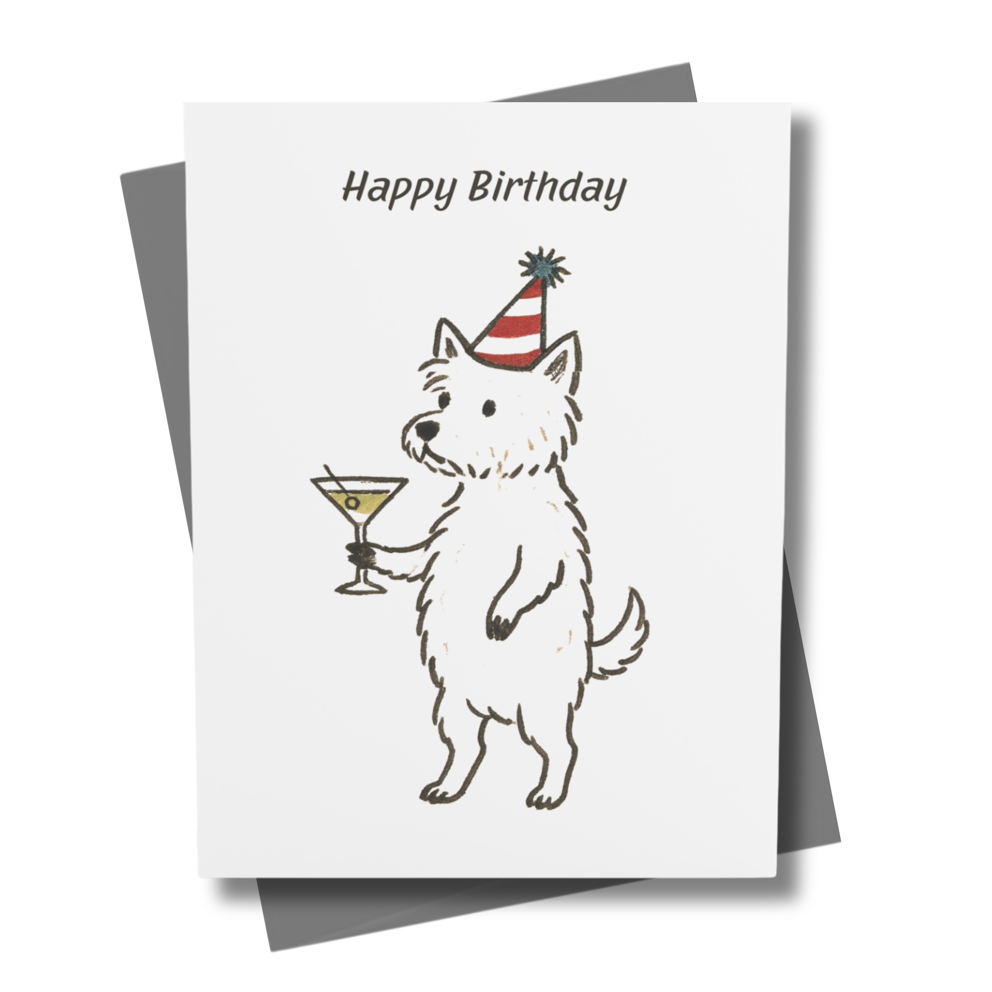 Birthday card with a westie holding a martini and wearing a party hat, on a white background.