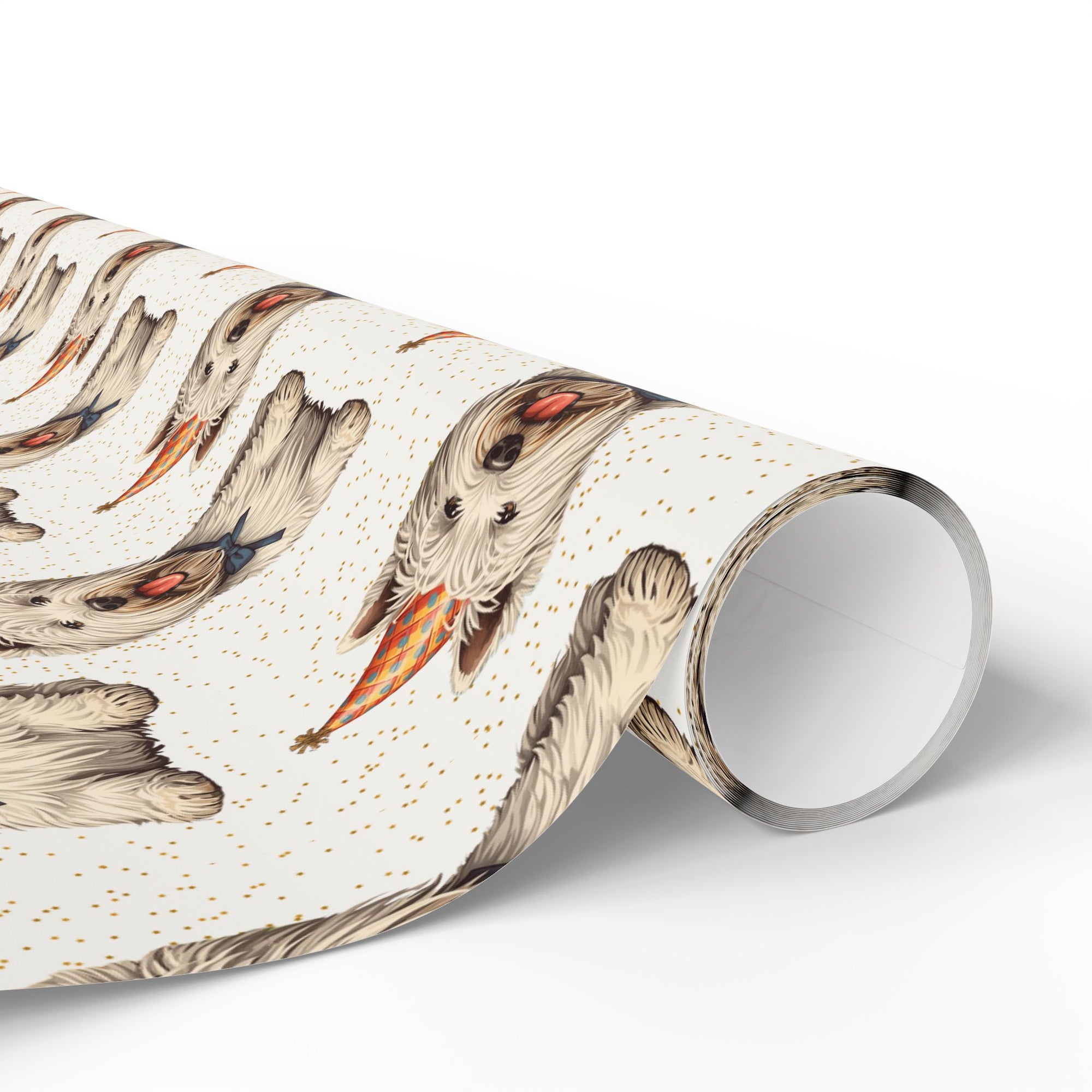 Roll of wrapping paper with dog design on a cream background with confetti