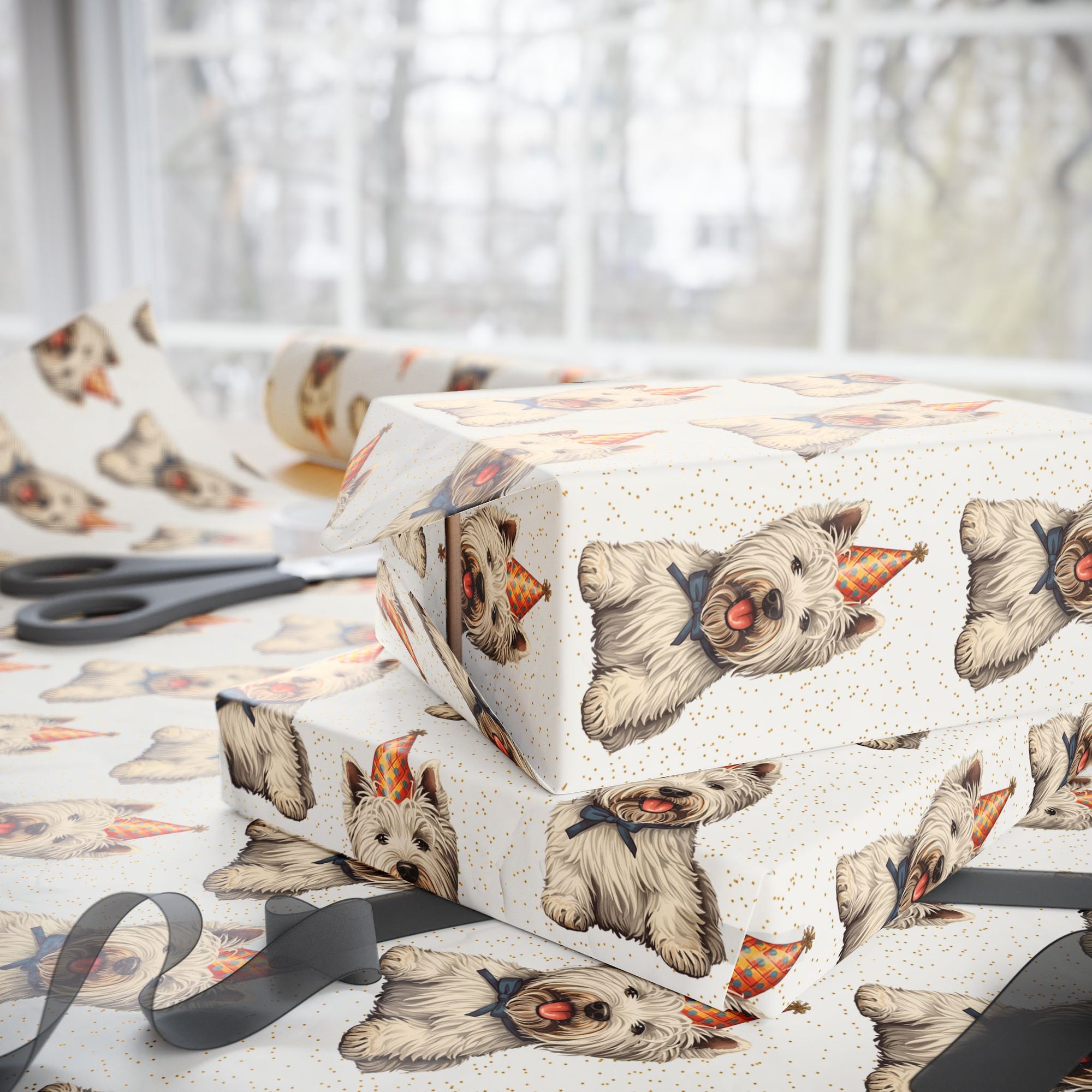 West highland terrier dog birthday wrapping paper with cute party hat and confetti background.