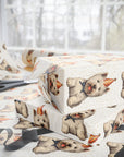 West highland terrier dog birthday wrapping paper with cute party hat and confetti background.