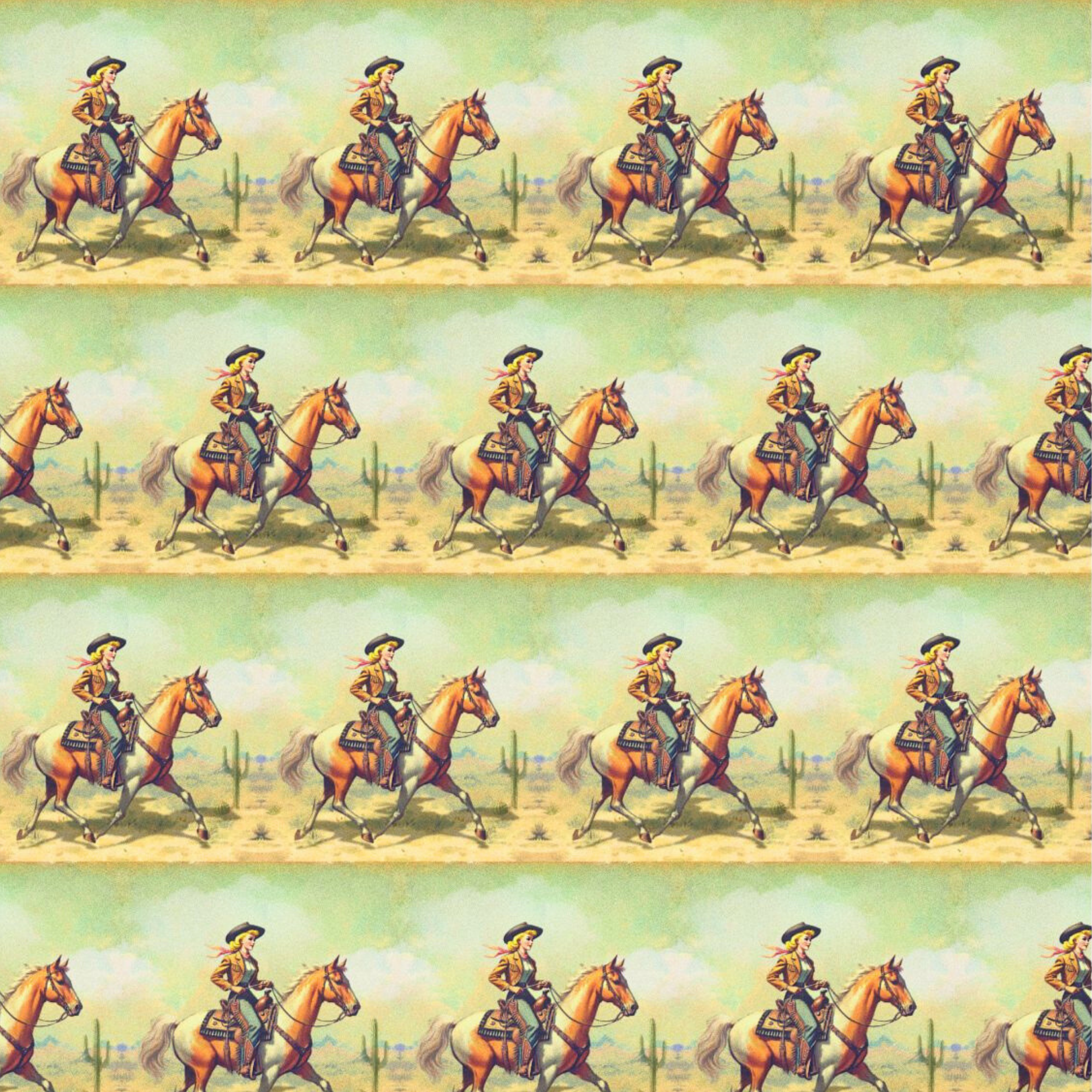 Repeating pattern of a cowgirl on horseback with a desert landscape background