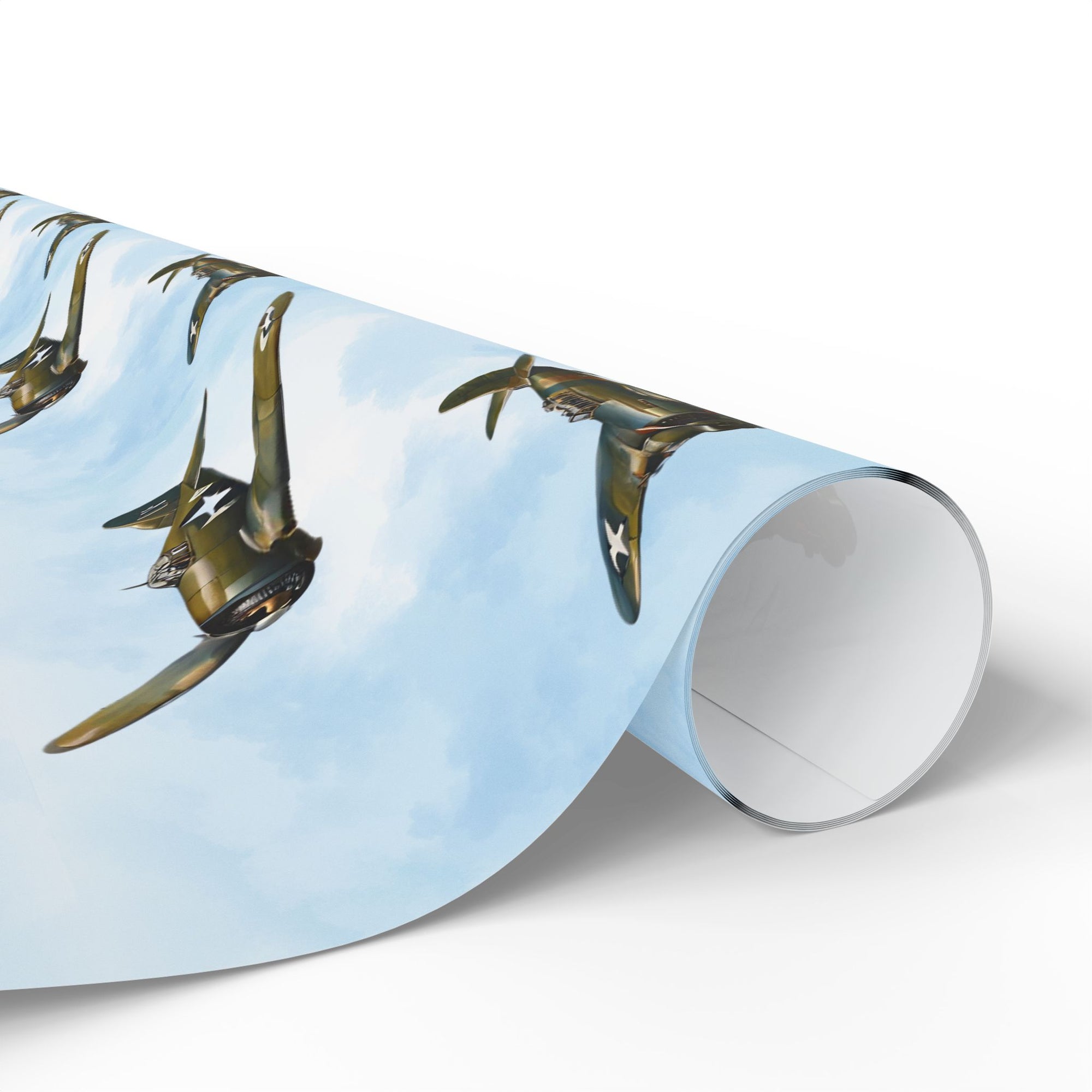 Vintage aviation wrapping paper with World War II fighter planes soaring in formation across a soft sky.